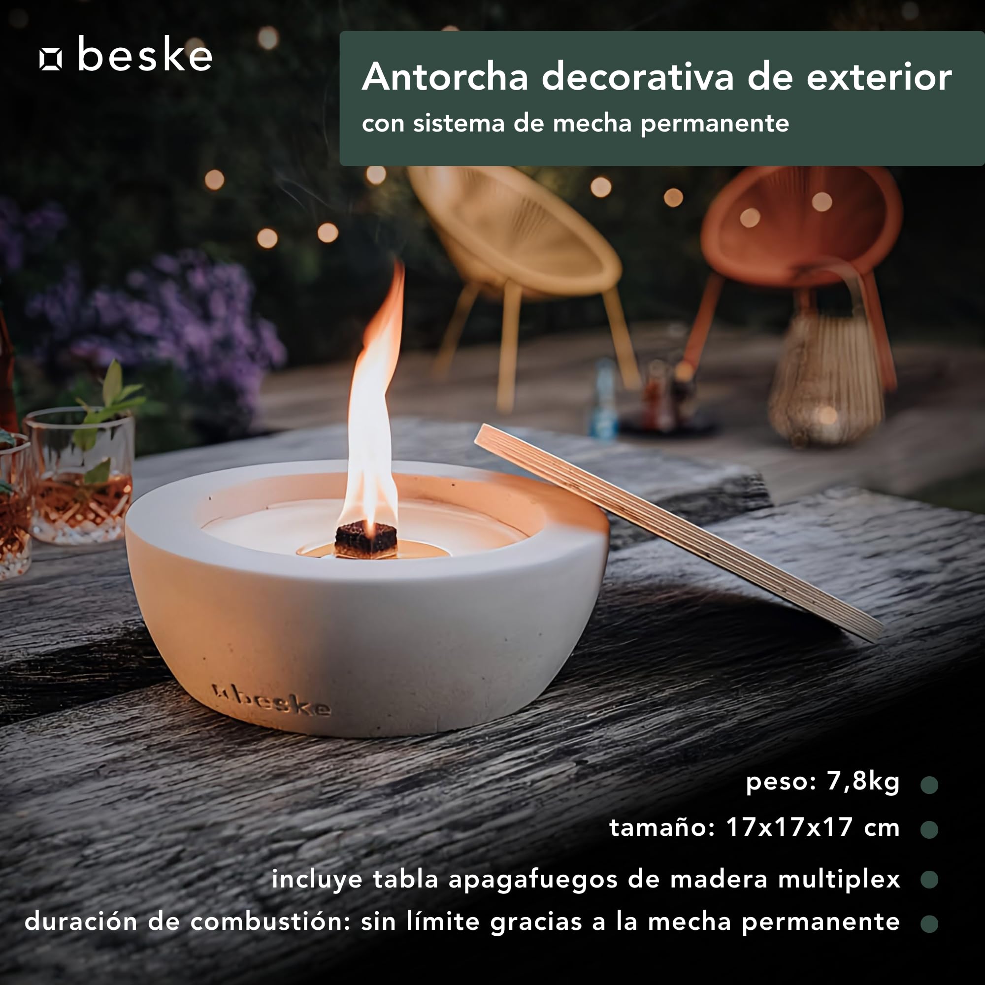 Antorcha decorativa de exterior en hormigón | Modelo Savo (⌀14 cm) | Sistema de mecha permanente, duración ilimitada | Para jardín y terraza | Hecho a mano en Alemania
