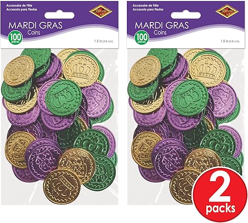 Miniatura 3 de Beistle Monedas de plástico Mardi Gras, paquete de 200, moldeadas con diseño en relieve, folletos de fiesta de caza del tesoro pirata, dinero falso