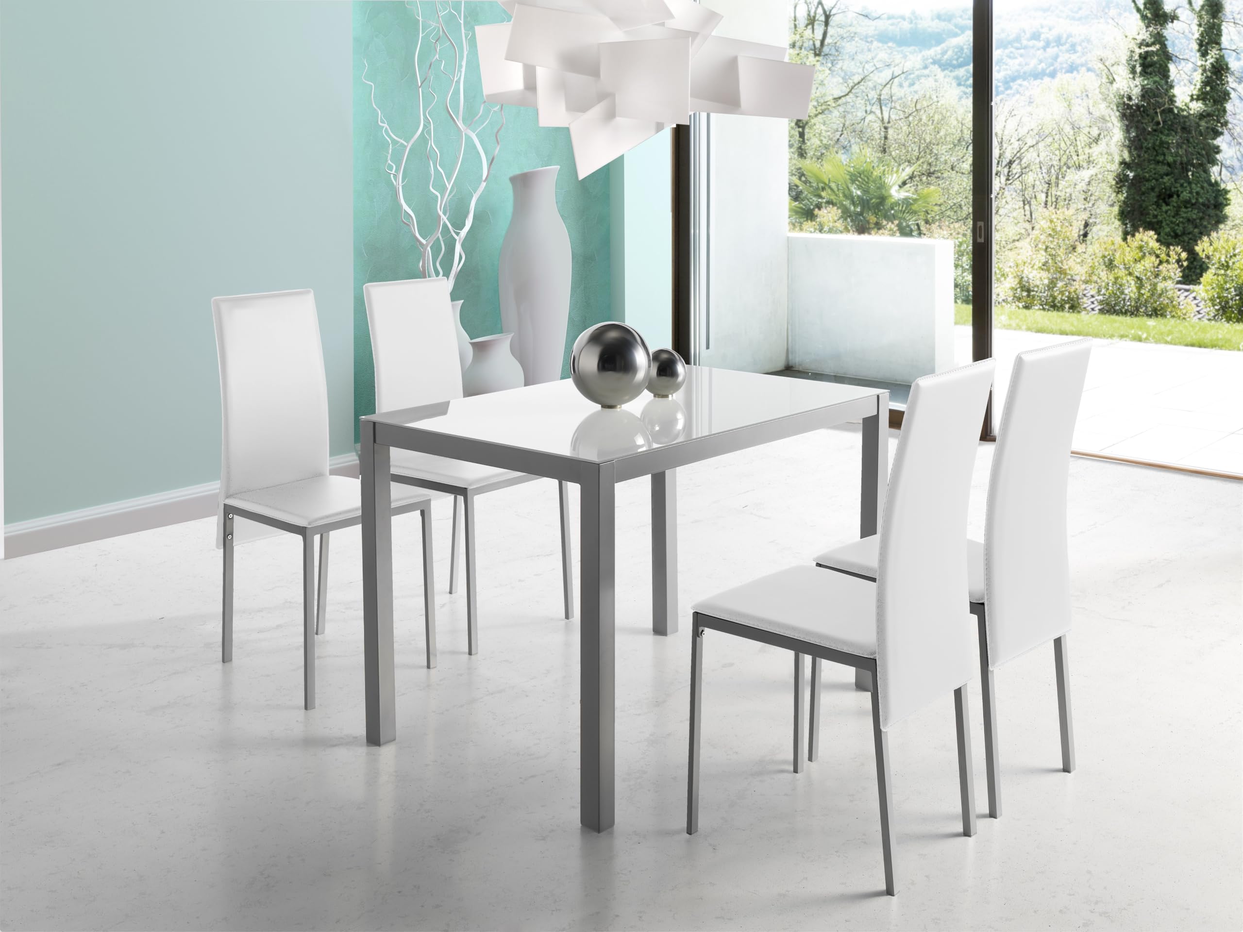 MOMMA HOME Conjunto de Mesa y Sillas Melbourne - con 4 Sillas - Mesa Fija - con Encimera de Cristal - para Salón y Cocina - Muy Elegante - Diseño Moderno Color Blanco