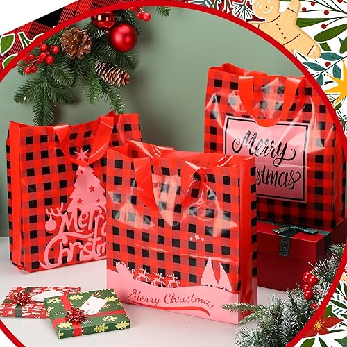 Miniatura 5 de Tenceur 150 bolsas de regalo de plástico de Navidad, bolsas de mercancía de Navidad de 10 x 13 pulgadas, bolsas de compras a cuadros con asas,
