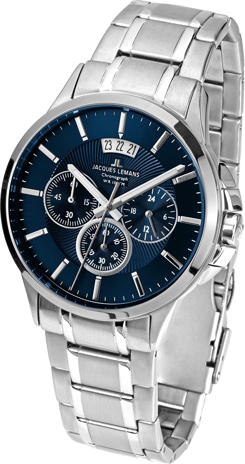 JACQUES LEMANS Herrenuhr Sydney Metallband massiv Edelstahl Chronograph ...