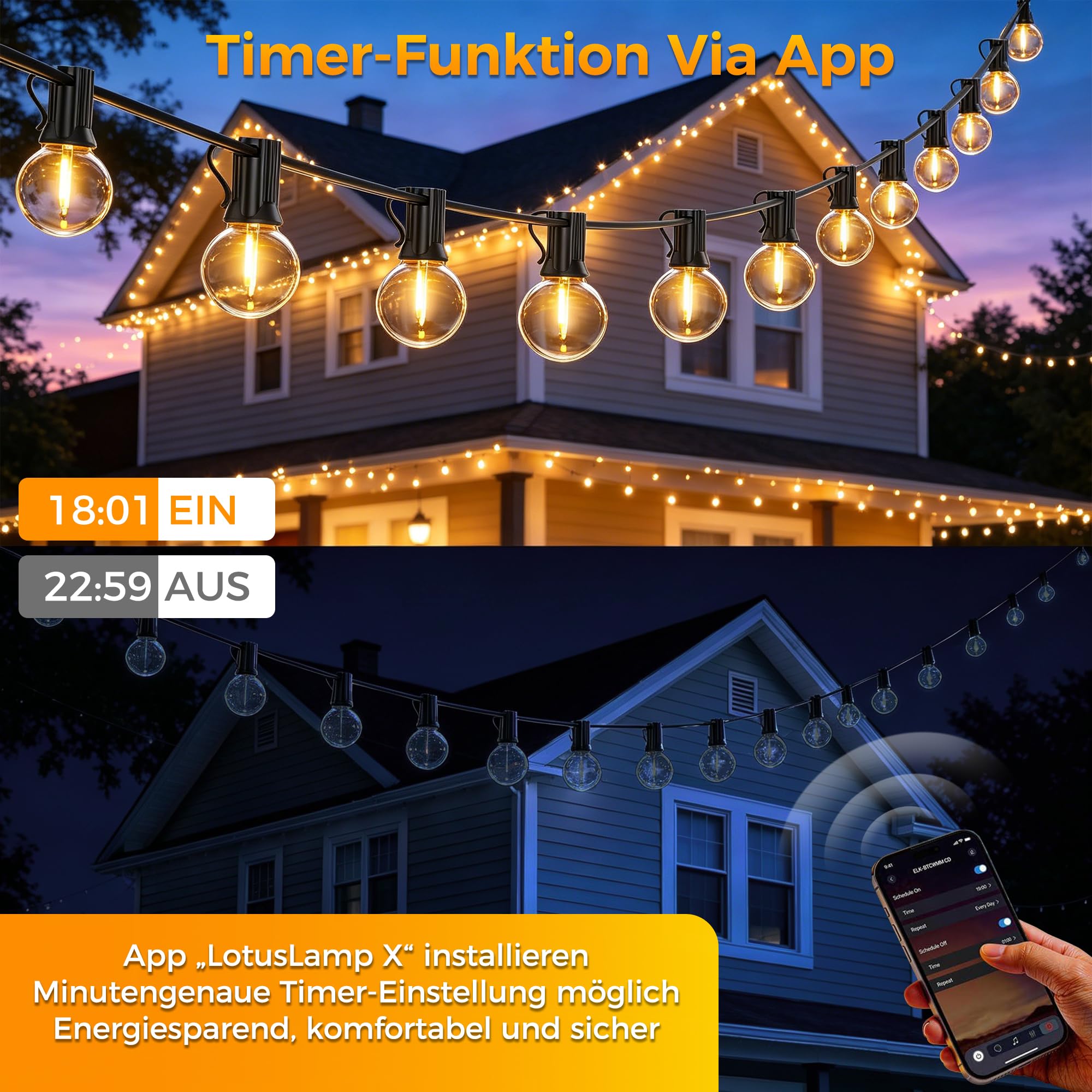 HeiPard Lichterkette Außen Strom Outdoor 30M mit 42+2 G40 LED Glühbirnen | App Steuerung & Fernbedienung, Musik-Sync, Dimmbar, Timer, IP44 Wetterfest für Garten, Balkon, Pavillon, Party