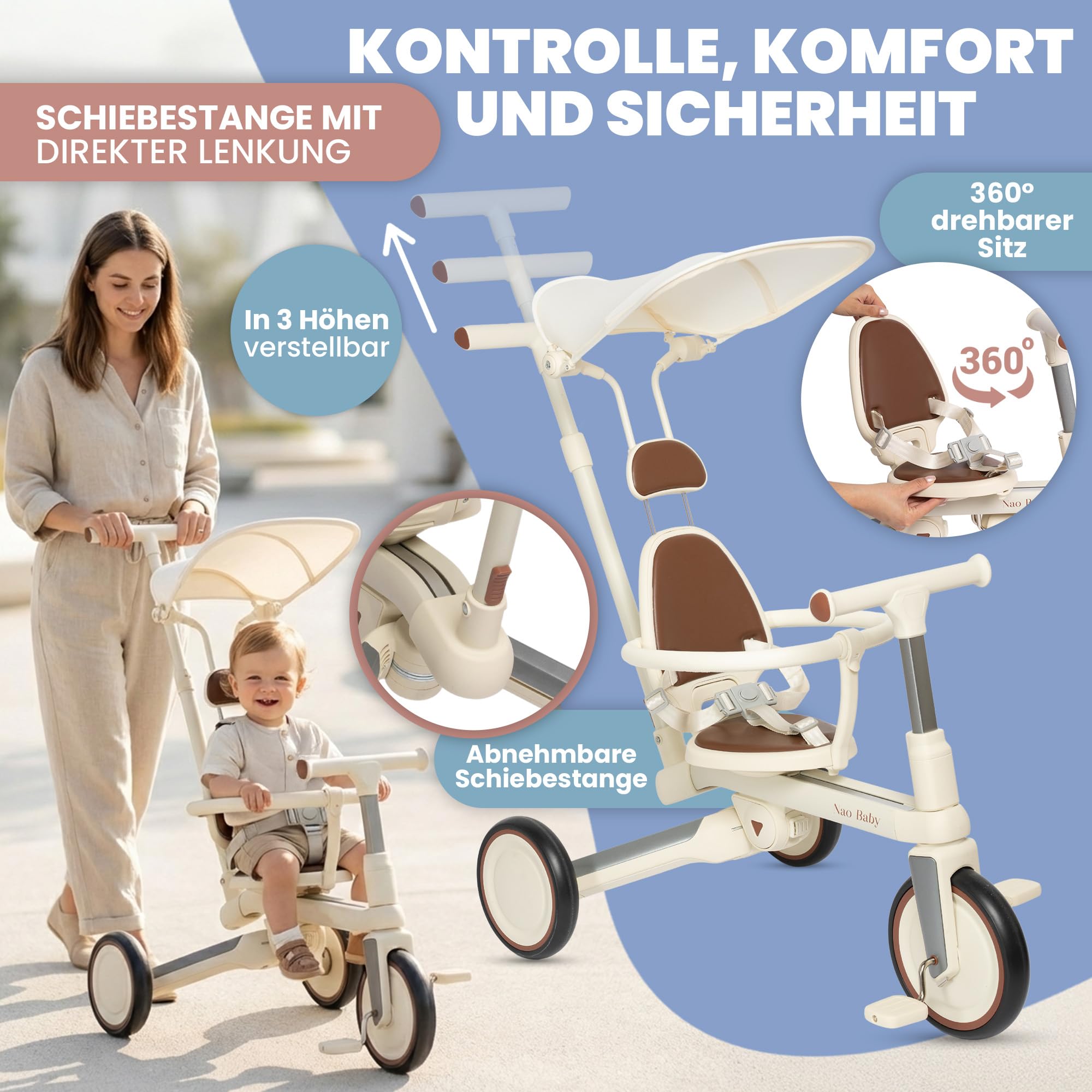 Dreirad Ab 1 Jahr mit Schubstange – Faltbar & Verstellbar, Mitwachsendes Kinder Dreirad (1–5 Jahre), Auch als Laufrad & Dreirad Ab 2 Jahre Nutzbar (Verschiedene Modelle) (Mit Kapuze)