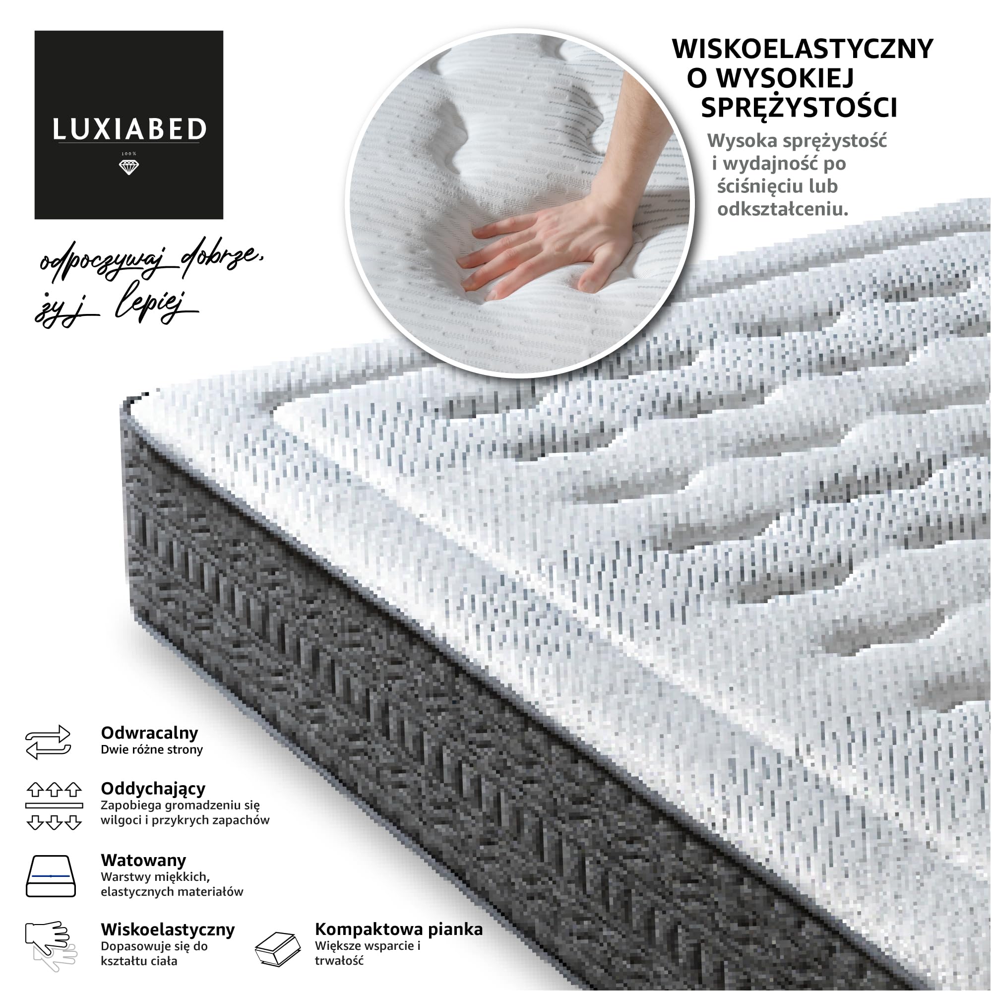 LUXIABED Materac 150x190 Odwracalny Małżeństwo. Wysoki komfort. Oddychający, przeciw roztoczom i przyjazny alergikom. Adaptacyjna Viscoelastica Plus. Komfort + Średnia jędrność Szary. Model Jakość