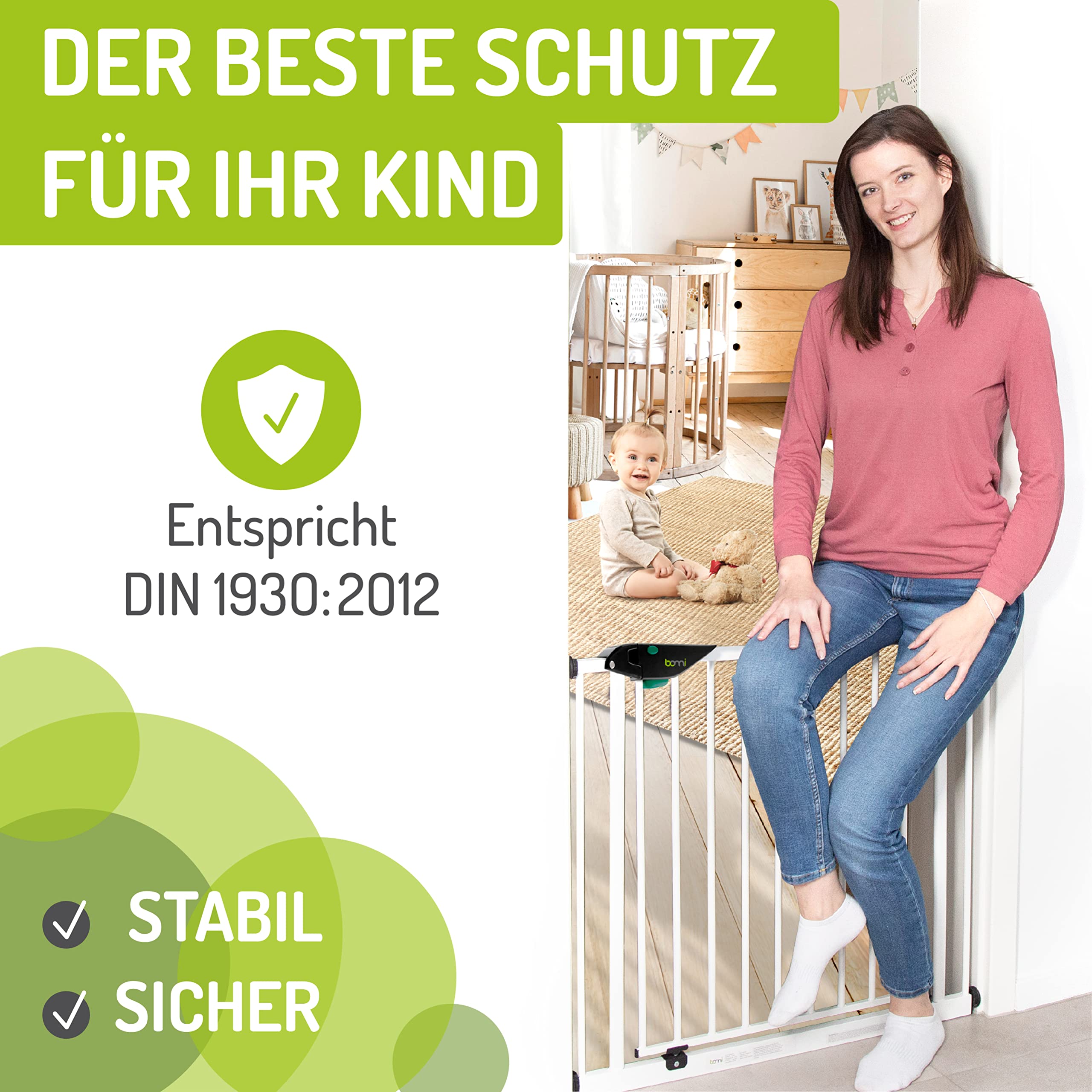 BOMI Schutzgitter Mira XXL Tür | Zum Klemmen | Schließt automatisch | Türschutzgitter schmal weiß Metall Selbstschließend | Treppenschutzgitter Türgitter Klemmgitter für Baby Welpe | Breite: 83-91 cm