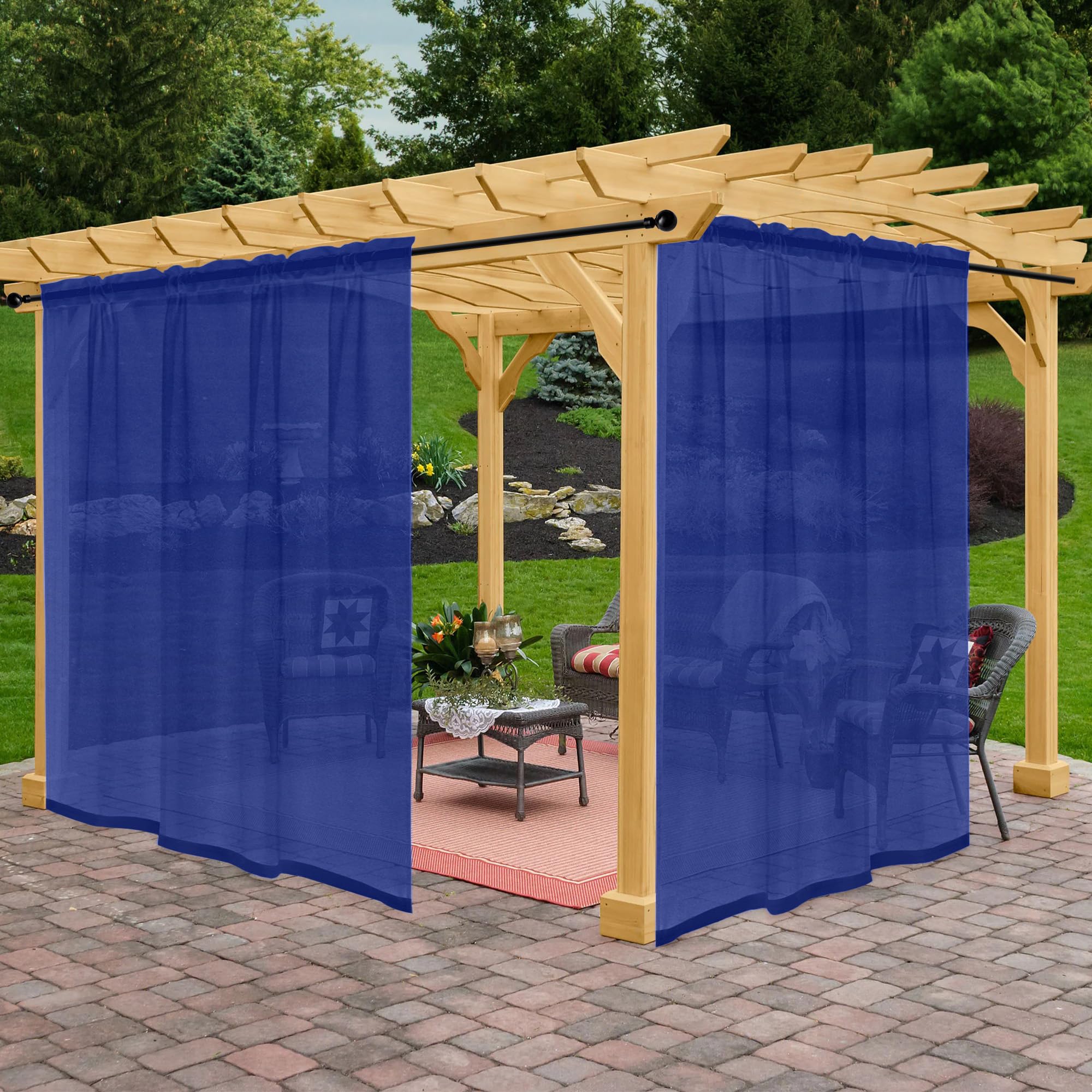 Awnmeow Outdoor Sheer Curtains for Patio Waterproof, 2 Panels Rod Pocket Indoor/Outdoor Voile Royal Blue Sheer Curtain for Pergola, Porch, Cabana and Gazebo, Royal Blue 100 x 84 Inch