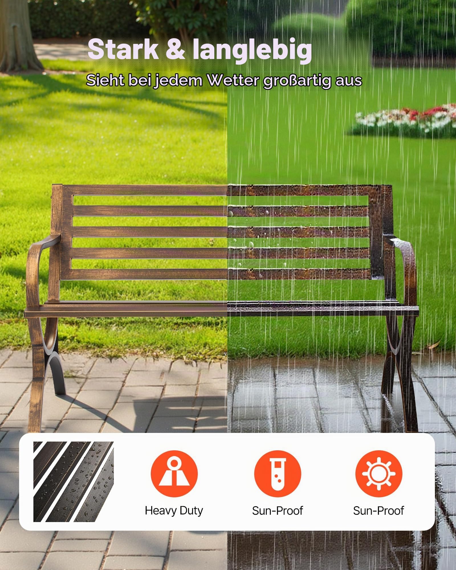 VEVOR Gartenbank Gartenmöbel Bänke 127 cm 250 kg Tragkraft, Terrassenbank Verandabank mit Lattenmuster & Armlehnen mit abgerundeten Kanten, Balkonbank mit Metallrahmen für Park Hof Antikbronze