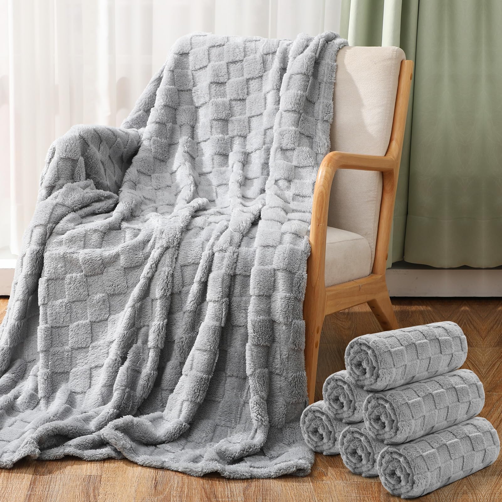 Buryeah 6 coperte in pile, 127 x 152 cm, morbide coperte 3D a scacchi jacquard per letto, divano, letto, regali di apprezzamento per i dipendenti, per matrimoni, dipendenti (grigio)