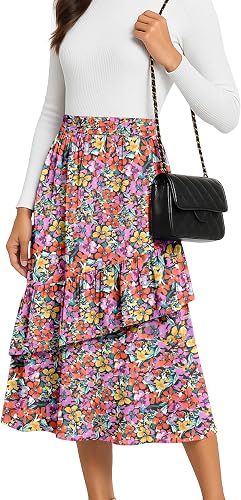YSYOKOW Midi Skirts for Women Flowy Boho High-Waist A-Line Layered Ruffle Skirt with Pockets for Spring Summer Casual