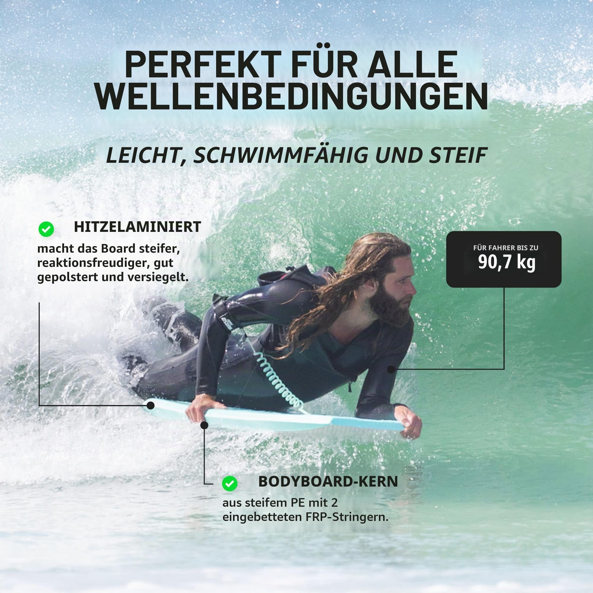 THURSO SURF Bodyboards für Strandpool, 106,7 cm, leichtes PE-Kern, IXPE-Deck, HDPE-Boden, FRP Stringer, Hochleistungs-Körperboard mit doppeltem Drehgelenk, Surfleine und Bodyboard-Tasche Lightning