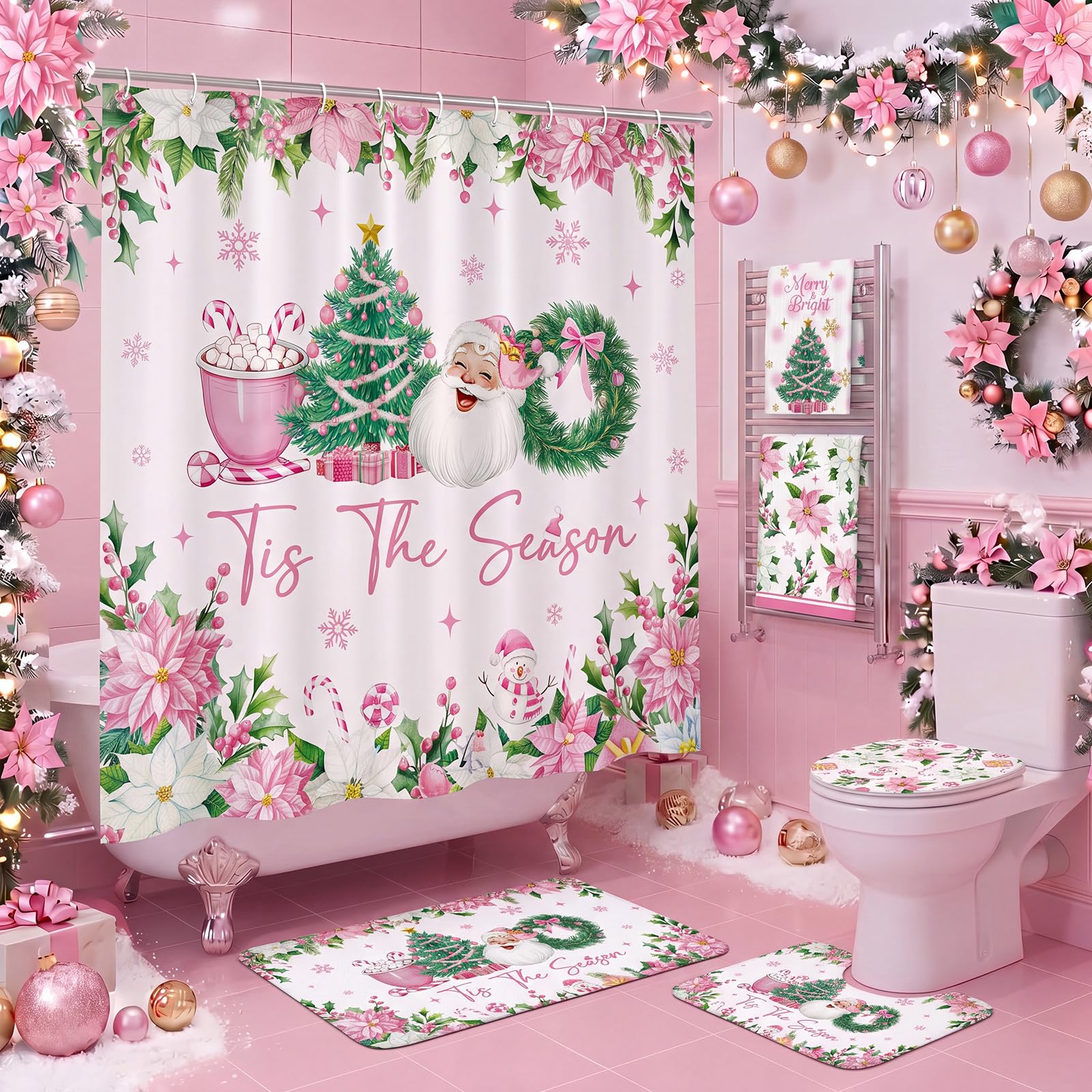 HunnmingRe 6 Pcs Pink and Green Christmas Bathroom Decor Shower Curtain Set