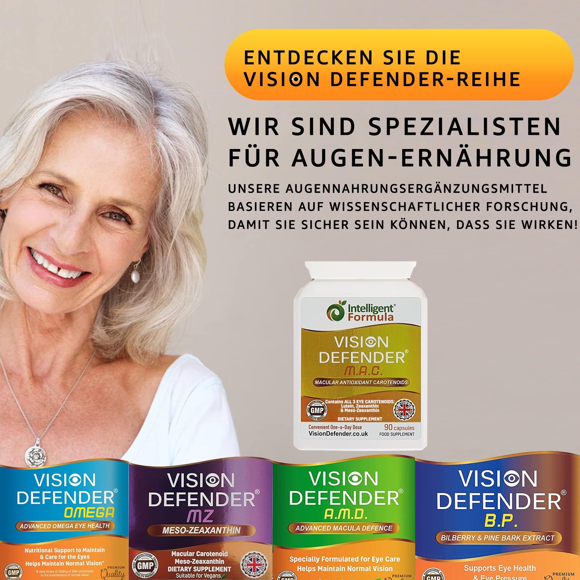 Vision Defender MAC Augenvitamine – Dreifach-Carotinoide: Lutein 10mg, Zeaxanthin 2mg & Meso-Zeaxanthin 10mg – Unterstützung für Sehkraft & Augengesundheit – 90 Kapseln – Hergestellt in Großbritannien