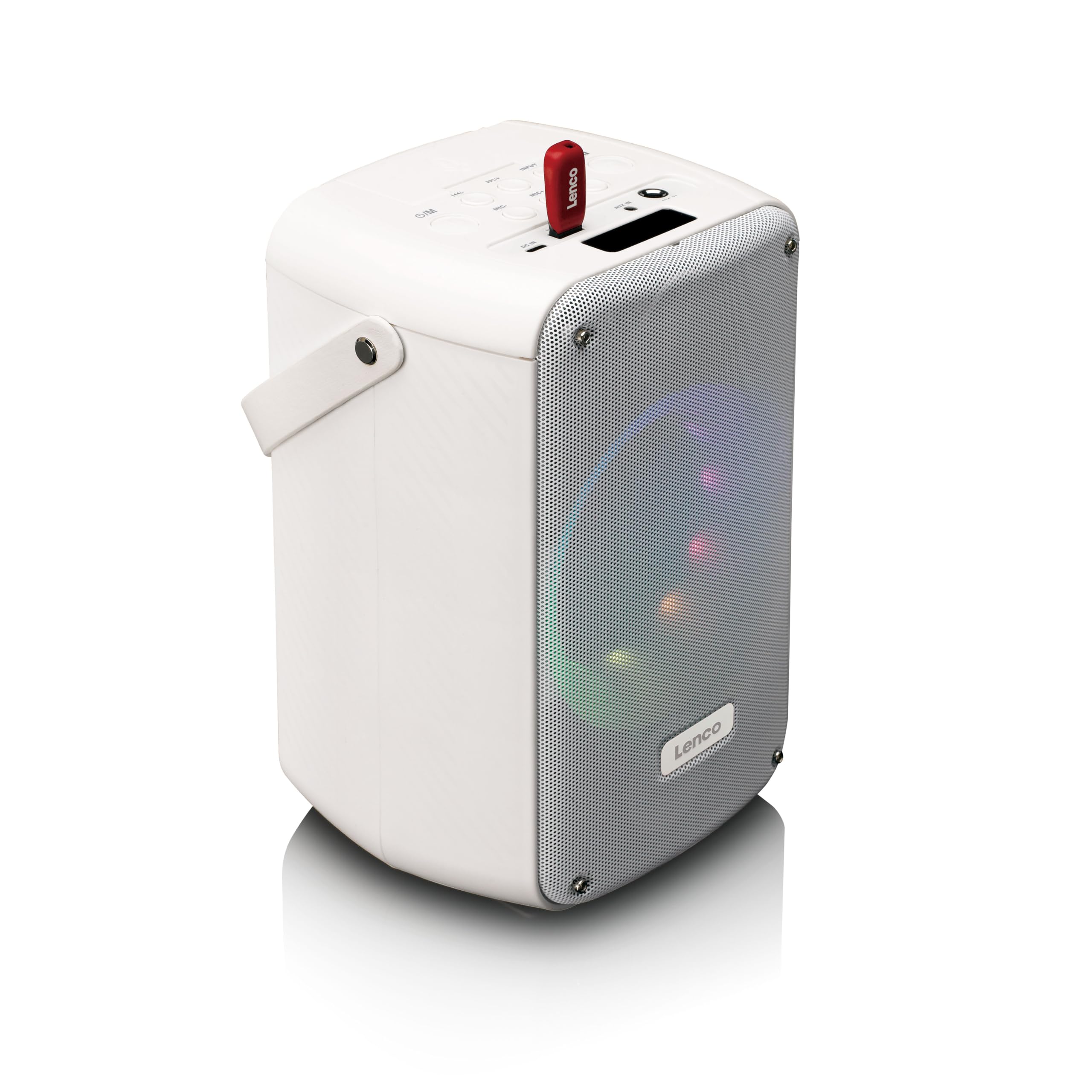 Lenco BTC-060 przenośna maszyna do karaoke, Bluetooth 5,2 – 20 W, RMS – 2 głośniki – mikrofon – pilot zdalnego sterowania – wbudowany akumulator – efekty świetlne – kolor biały