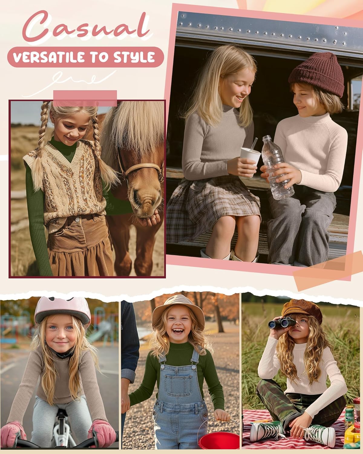 3 Pack Girls' Mock Turtleneck Shirts Cotton Long Sleeve Ribbed Tops Slim Fit Casual Base Layer for Kids Winter - Image 3