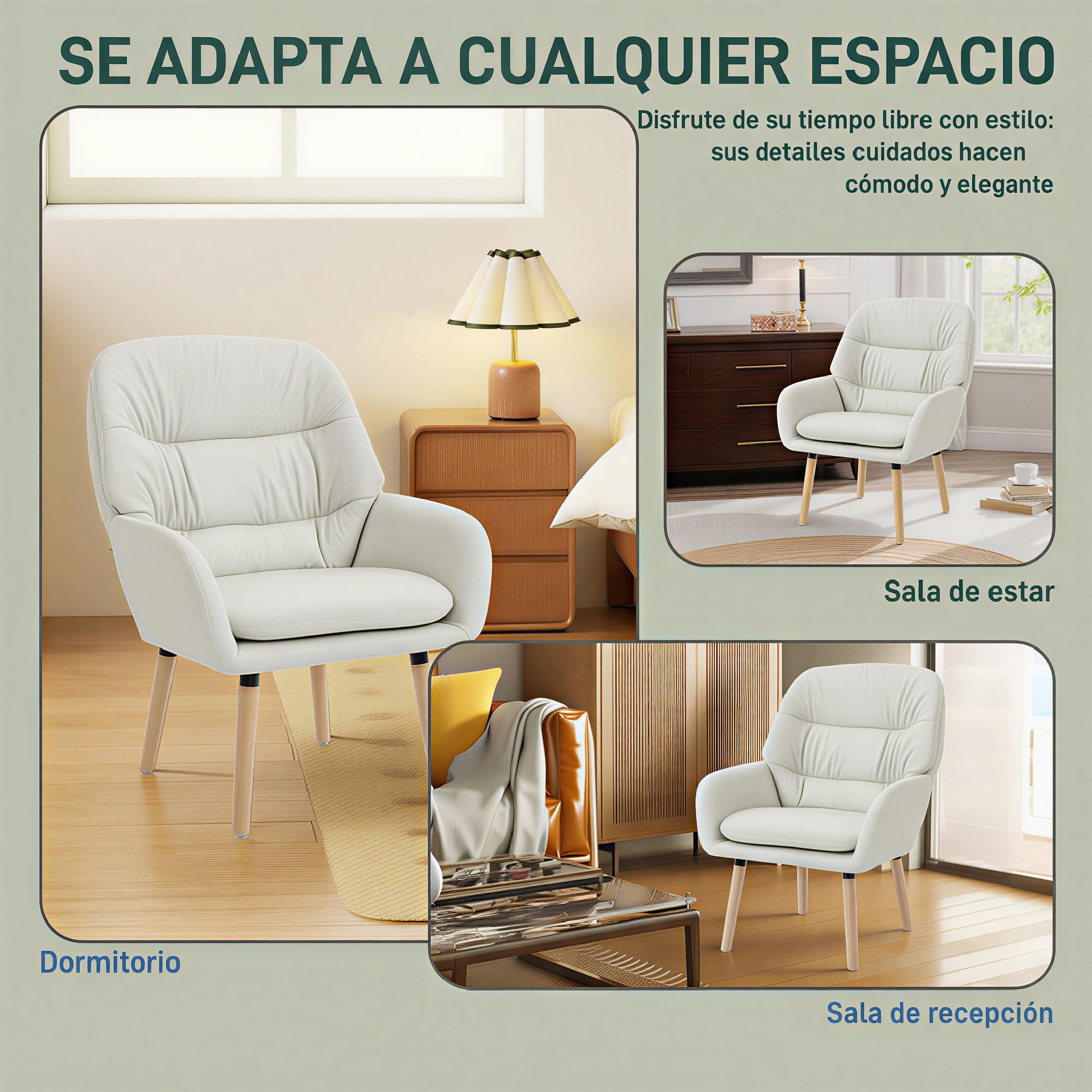 HOMCOM Sillón de Salón Moderno, Butaca de Salón, Acolchado de Doble Capa, Tapizado en Cuero Sintético, Patas de Madera, Sillón de Lectura para Dormitorio, Oficina, Estudio, 68x74x89 cm, Crema