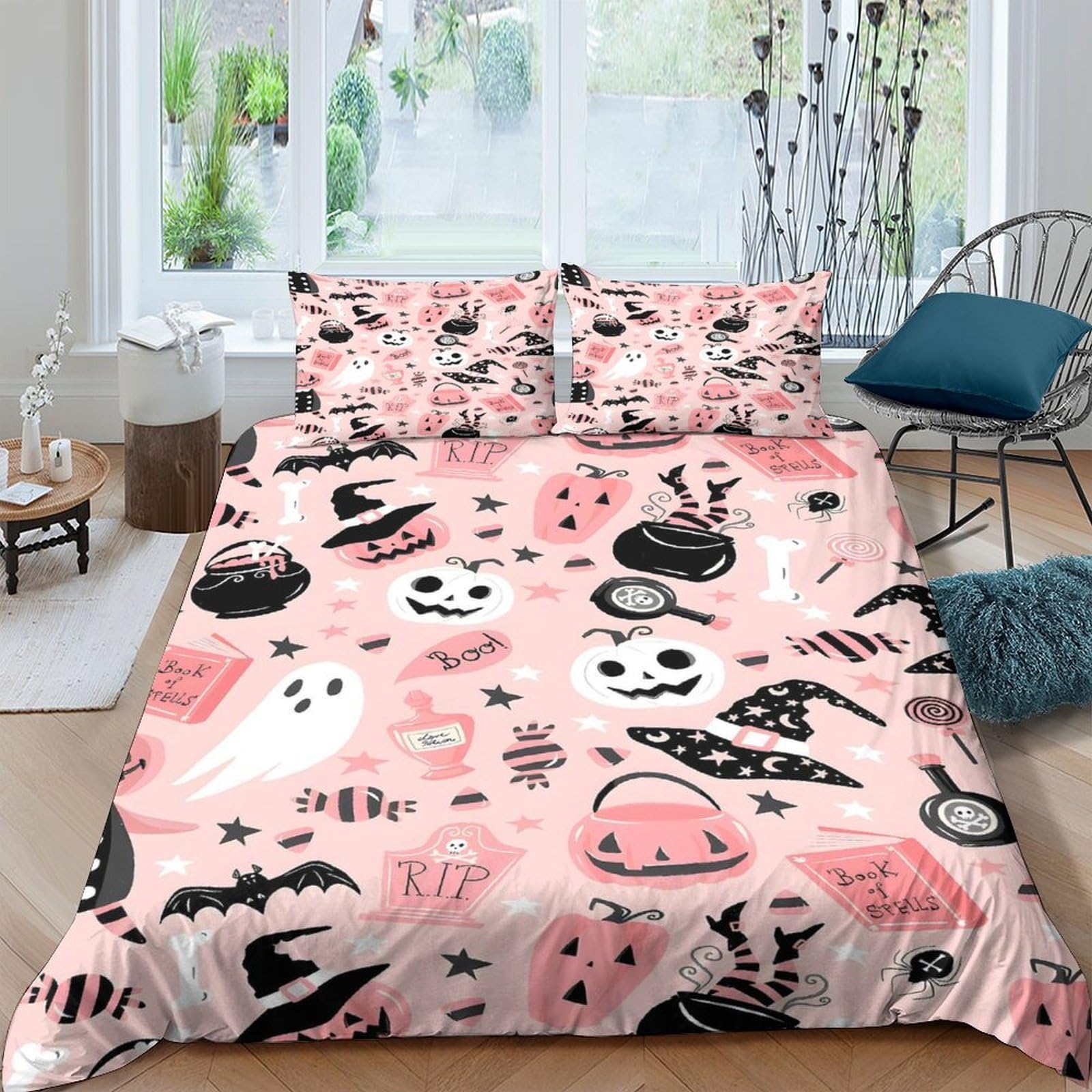 Ctjqhvkz Style-2 3D Printed Pink Halloween Ghost Fitted Sheet Microfiber Soft Bat Pumpkin Bed Cover For Bedroom Dorm Decor Single（135X200cm）
