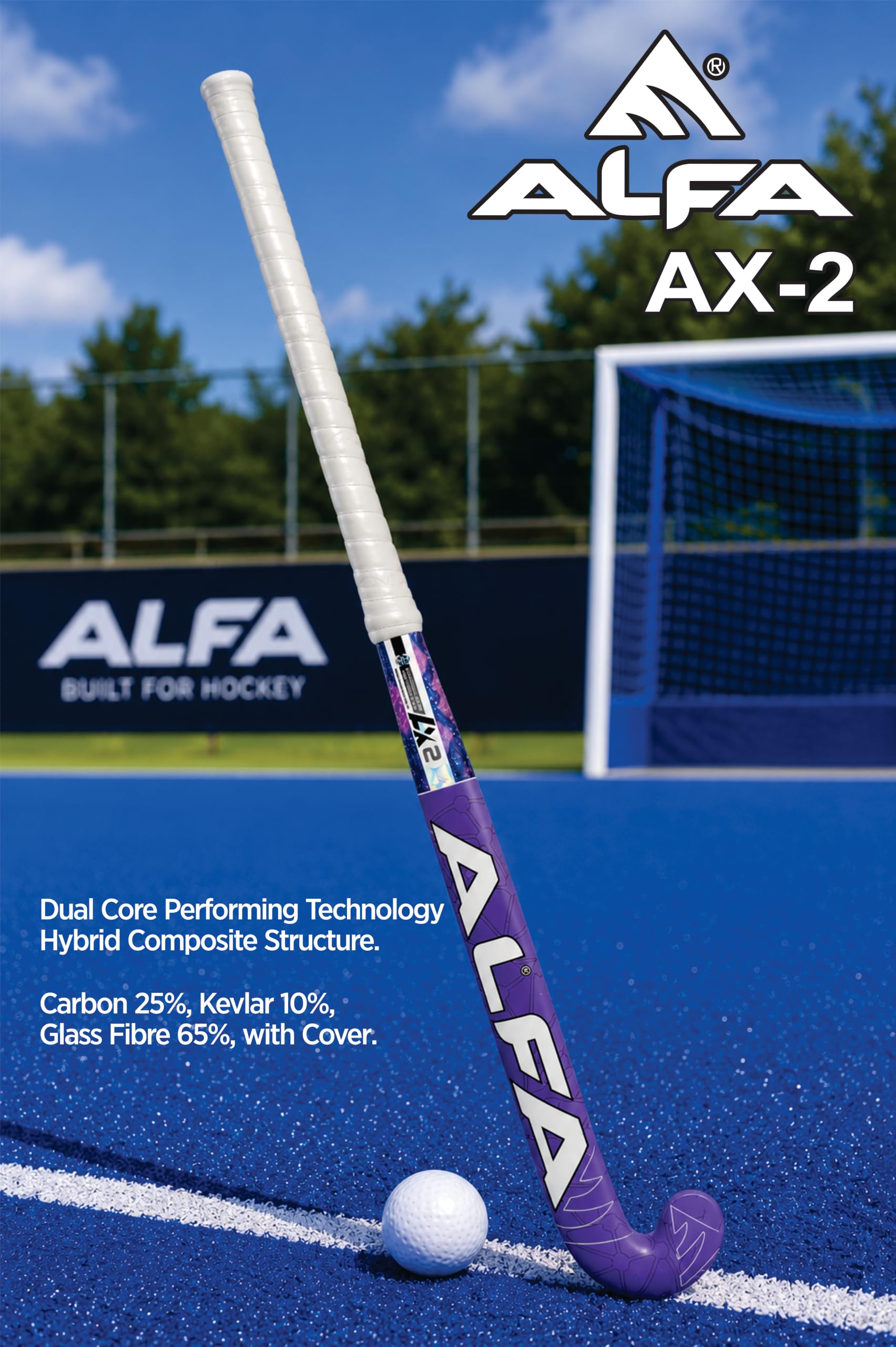 A L F A AX2 Composite Hockey Stick with Stick Bag & Hollow Ball (Scoop Bend) (37 INCHES, Blue Spark)