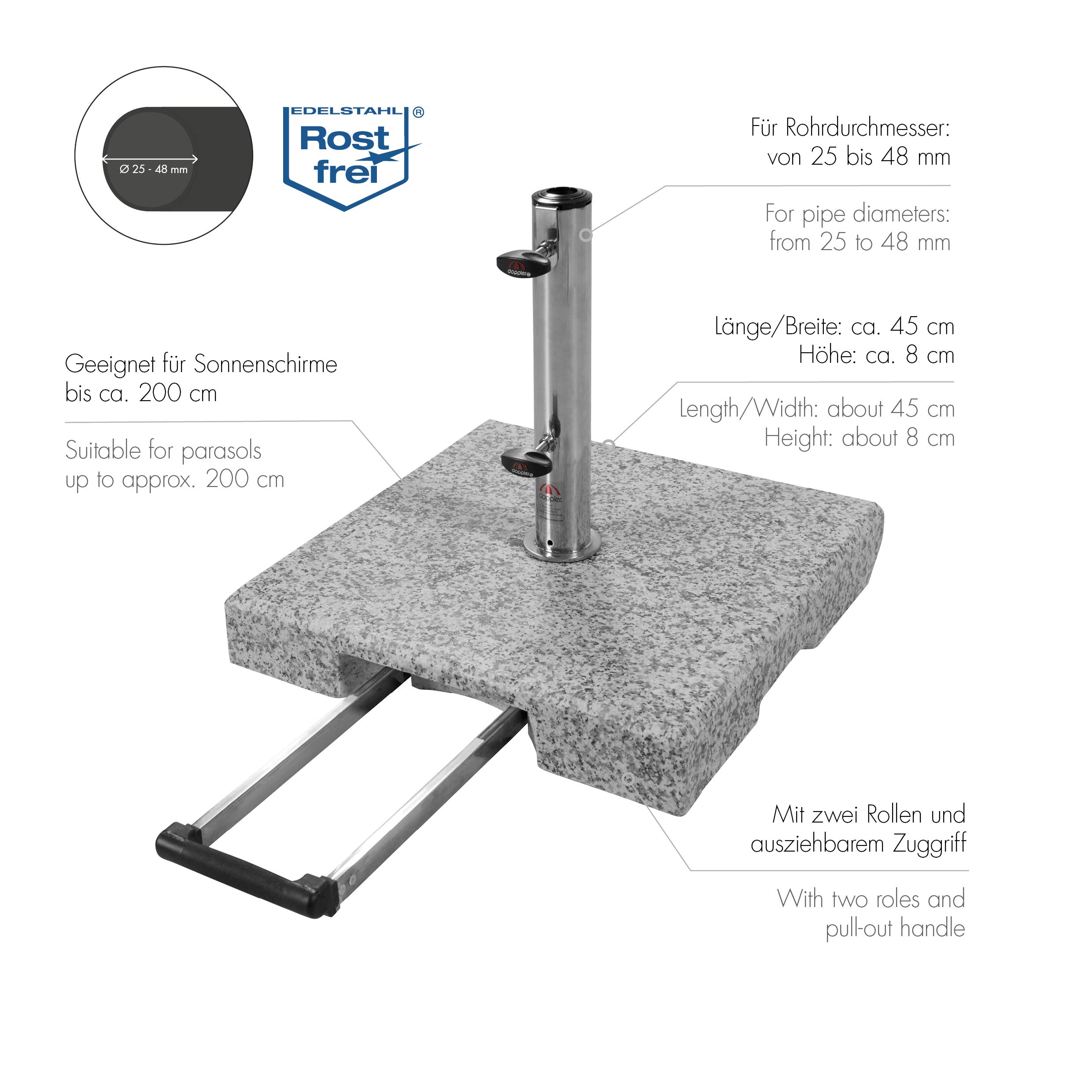 Doppler Chariot Active à Socle en Granit – 30 kg avec poignée télescopique et roulettes – pour parasols – Inoxydable