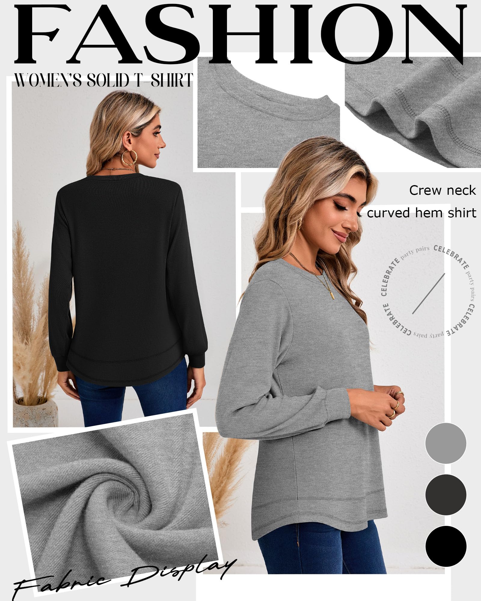 Ficerd 3 Pack Women's Long Sleeve Shirts, Cotton Crew Neck Tunic Tops Casual Loose Fit Pullover Sweatshirts Curved Hem Shirts