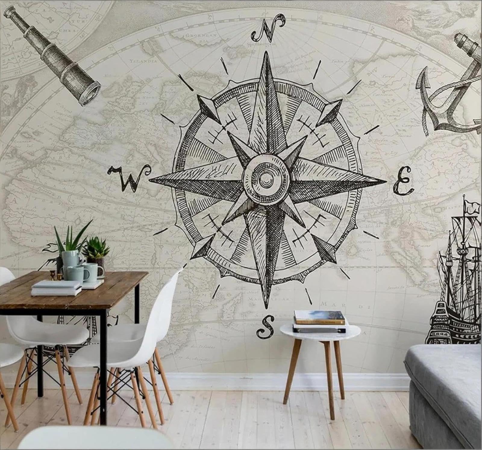 Xlming 250Cm×170Cm(B×H) Vintage Hand Drawn Nautical Map Sailing Ship Compass 3D Wallpaper Silky Texture Home Study Office Grey Dining Room Sofa Bedroom Living Room Tv Backdrop-250Cm×170Cm