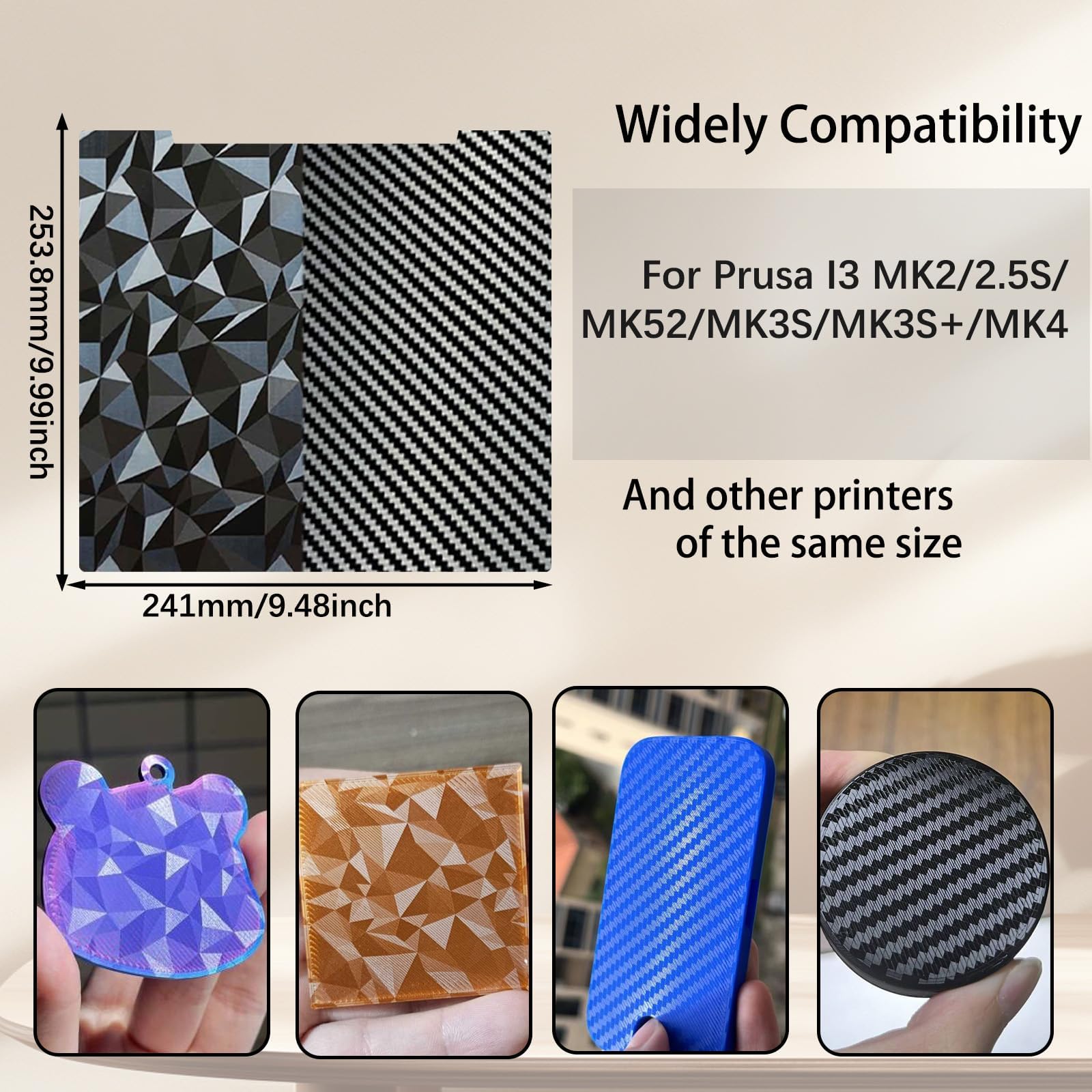 Plate-forme d'imprimante 3D pour Prusa i3 MK3, plaque de construction double face diamant PEO + feuille flexible en acier à ressort PET en fibre de carbone 241 x 253,8 mm pour imprimante 3D Prusa I3