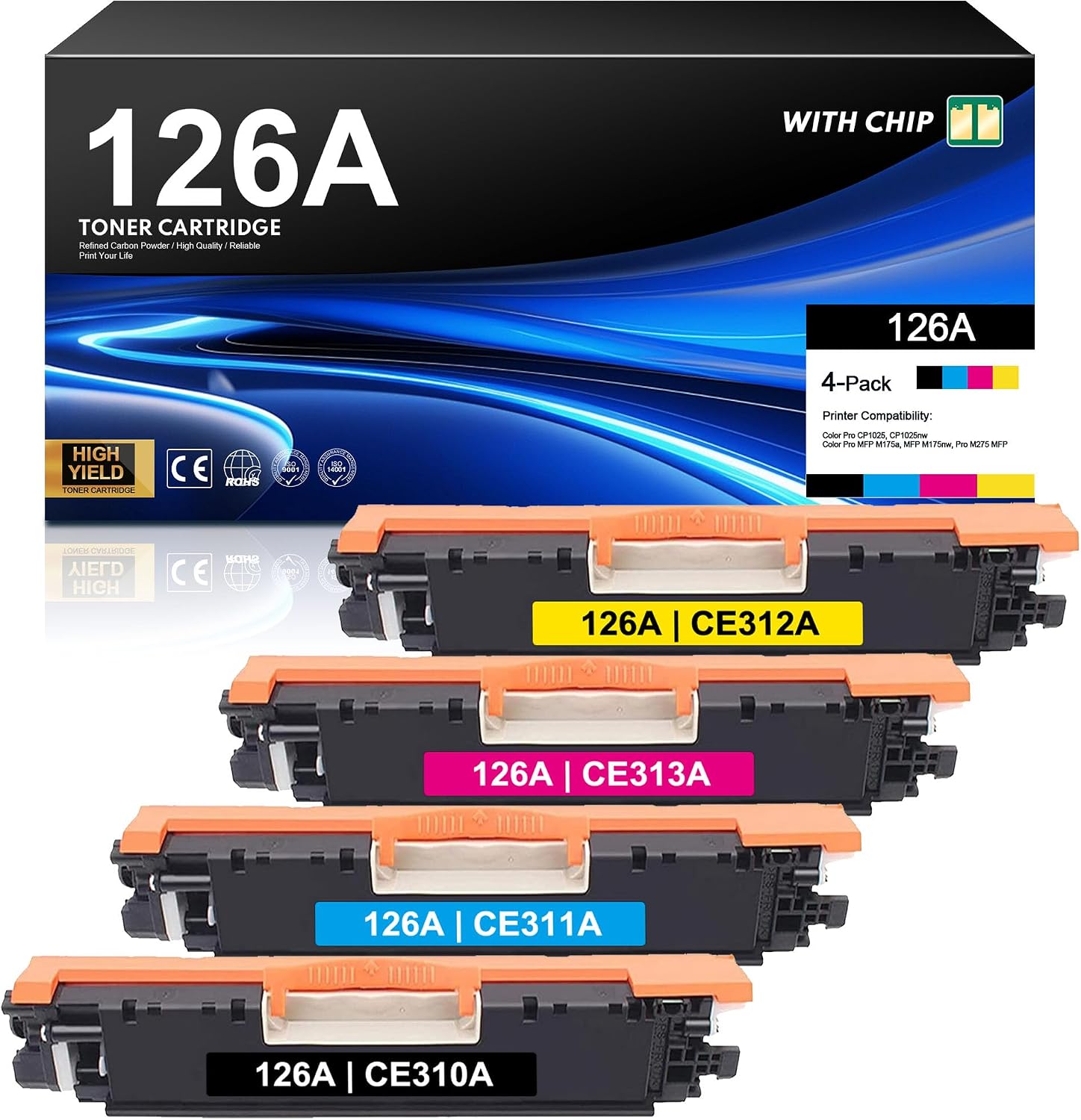 126A Toner Cartridges 4 Pack (Fast Delivery):Replacement for HP 126A Toner Works with Pro 100 Color MFP M175nw M175a CP1025 CP1025nw M275 Printer Ink | Black Cyan Magenta Yellow