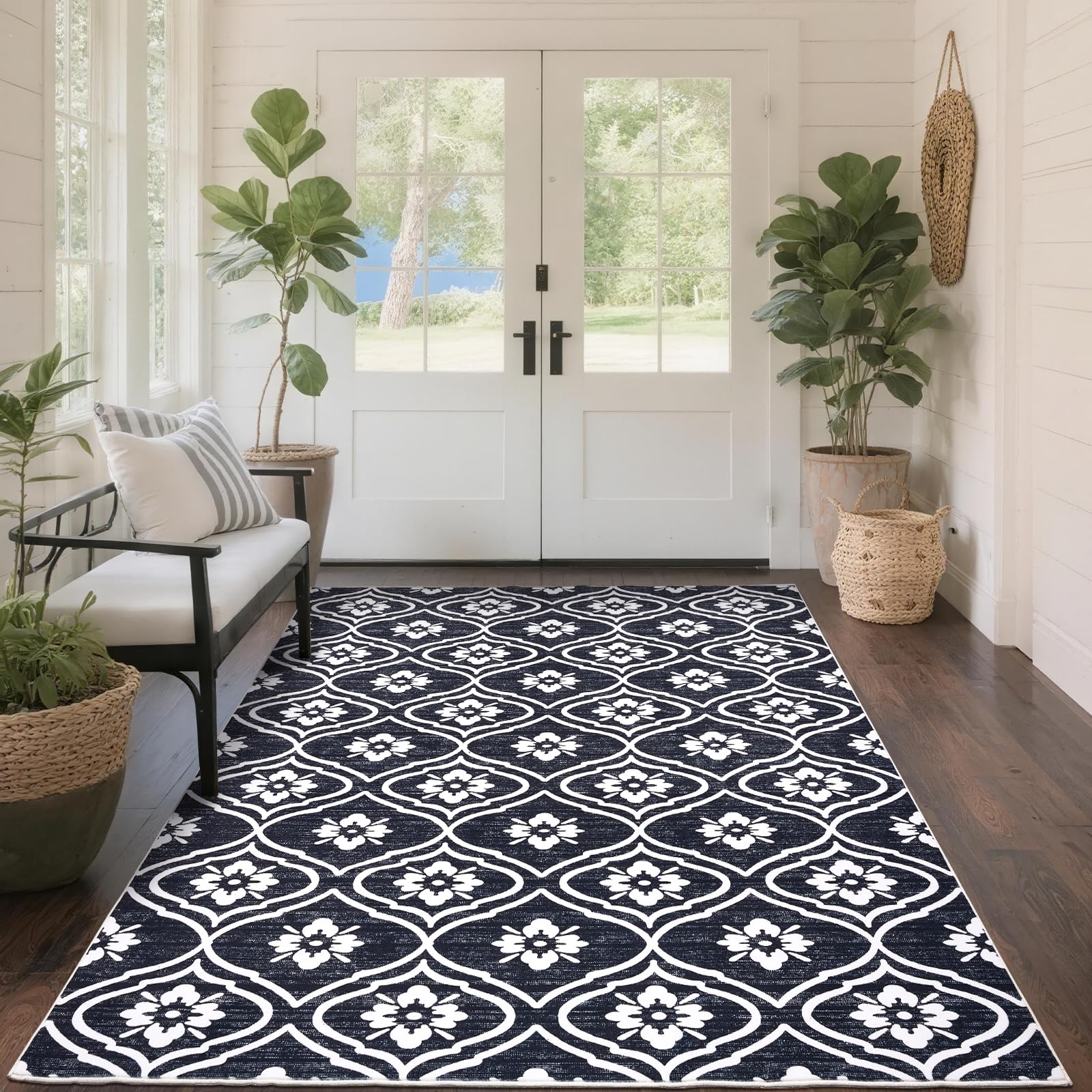 Puremy Kleiner Wohnzimmerteppich 120X170cm, Vintage-Marokkanisches Muster, Waschbarer Teppiche, Weich, Schmutzabweisend, Für Schlafzimmer, Esszimmer, Kinderzimmer, Büro, Wohnheim, Schwarz