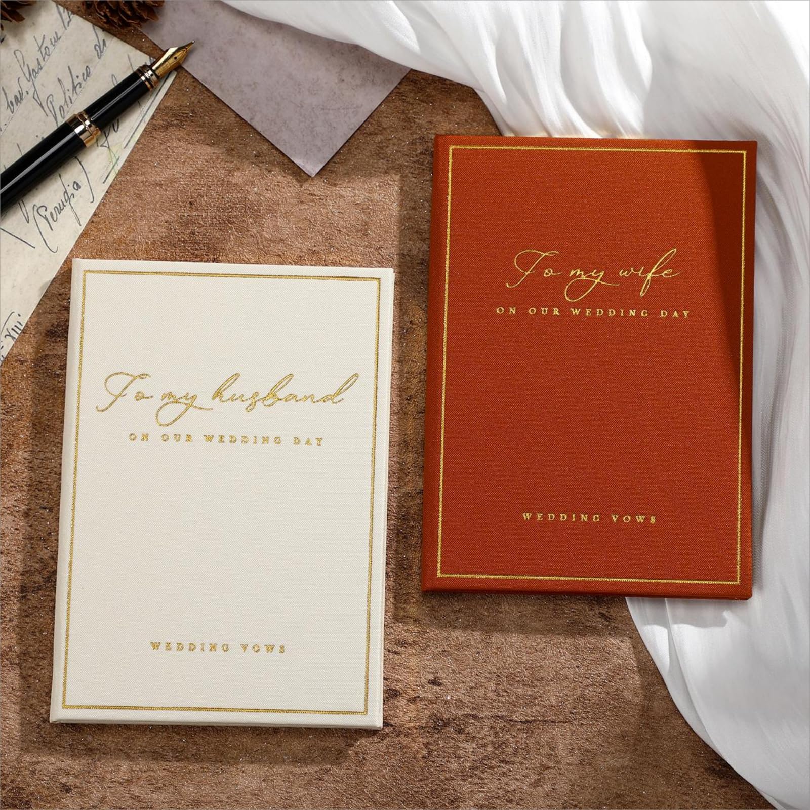 Engrowtic 2 Pcs Vow Books to My Husband Wife Wedding Vow Book with Gold Foil Lettering Lined Page Hard Cover Vow Book Engagement Gift for Groom Newly Engaged Couple Wedding Must Have (Brown-Beige)