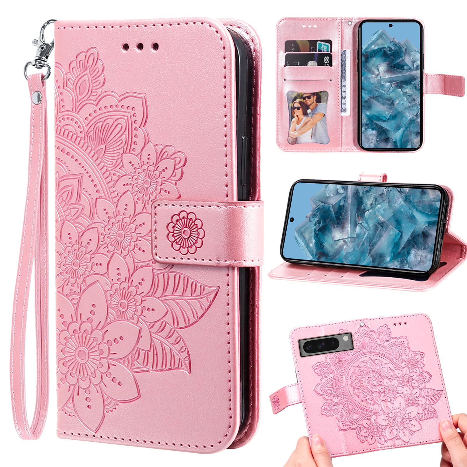 Furill Compatible with Google Pixel 8 Pro 5G Wallet Case and Wrist Strap Protector Flower Leather Flip Credit Card Holder Stand Cell Phone Cover for