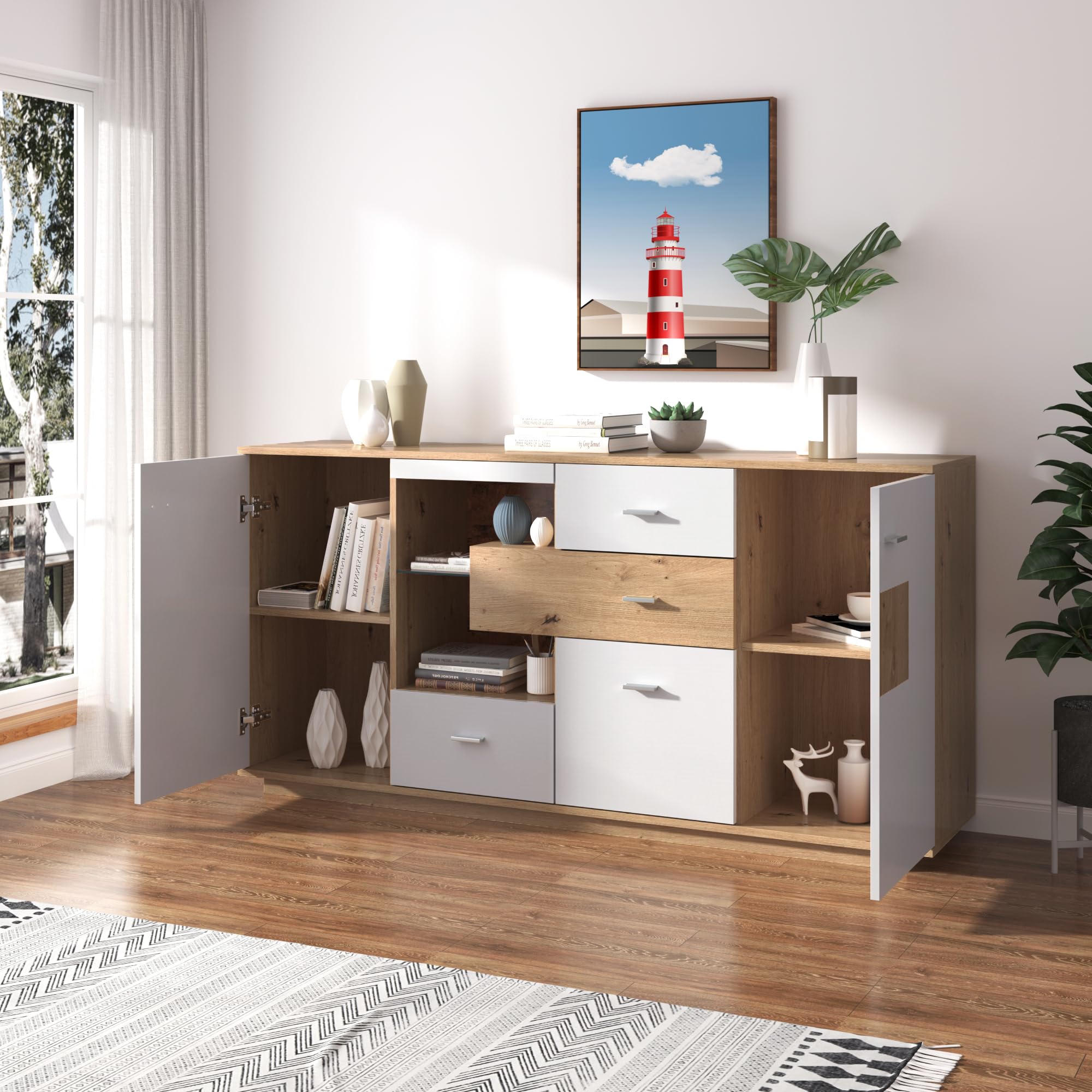 Moimhear Sideboard 140cm – Weiß & Holzimitat, Mit 2 Türen, 3 Schubladen & LED-Beleuchtung