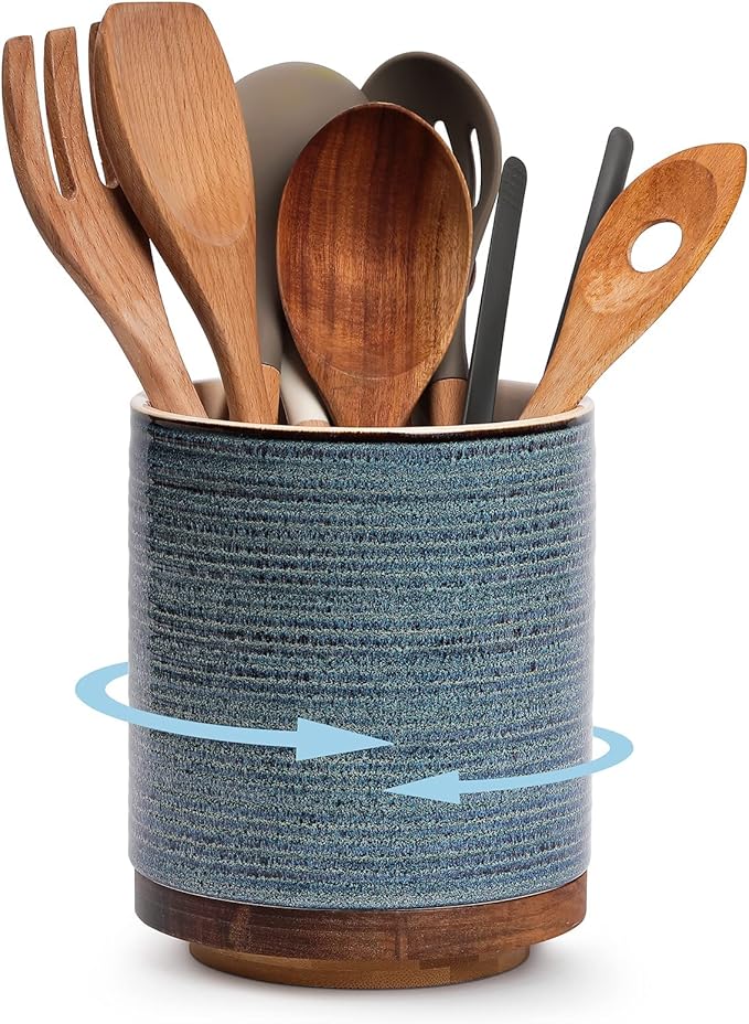 DOWAN Utensil Holder, 360° Rotating Extra Large Cooking Utensil Holder, 7.6" Kitchen Utensil Holder for Countertop, Utensil Crock for Farmhouse Kitchen Decor, Ceramic Stable Utensil Caddy, Blue