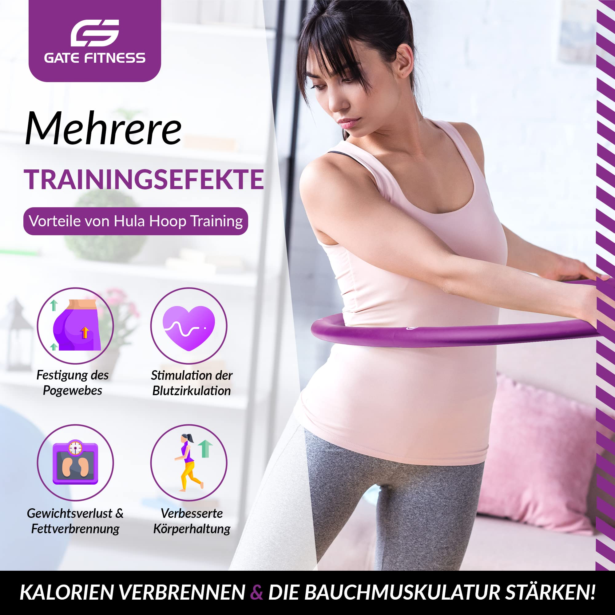 GATE FITNESS Hula Hoop - Pneumatico dimagrante per adulti e bambini [1,2 kg/1,5 kg/2 kg] | 6 fino a 8 segmenti Hoola con design ondulato, per principianti e avanzati, pneumatici fitness con schiuma