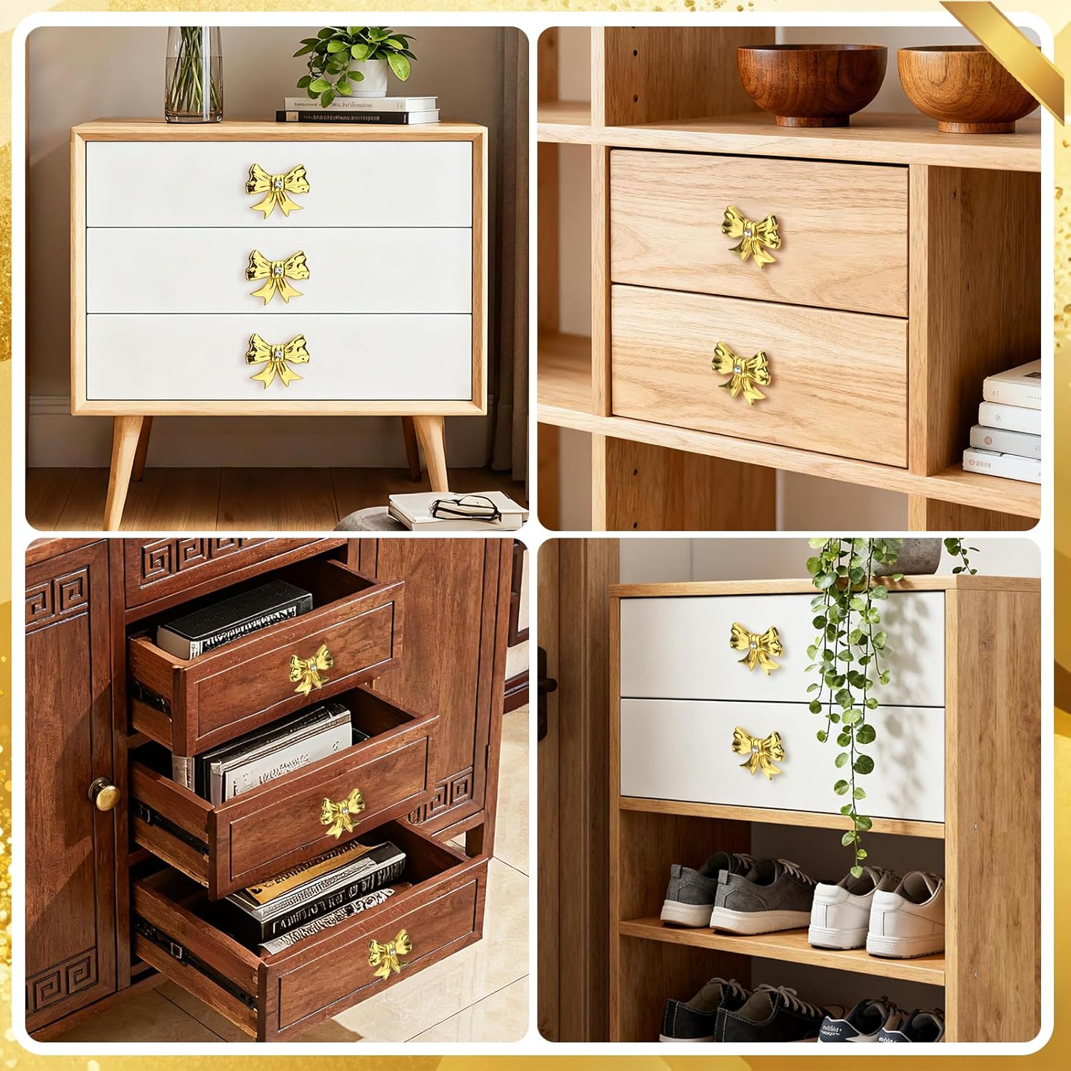 Gold Bow Dresser Knobs Cute Drawer Knobs Zinc Alloy Brushed Hardware Handles Pulls Vintage Cupboard Drawer Knob for Kitchen Cabinets Home Bedroom (6, Shiny Gold-M-6)