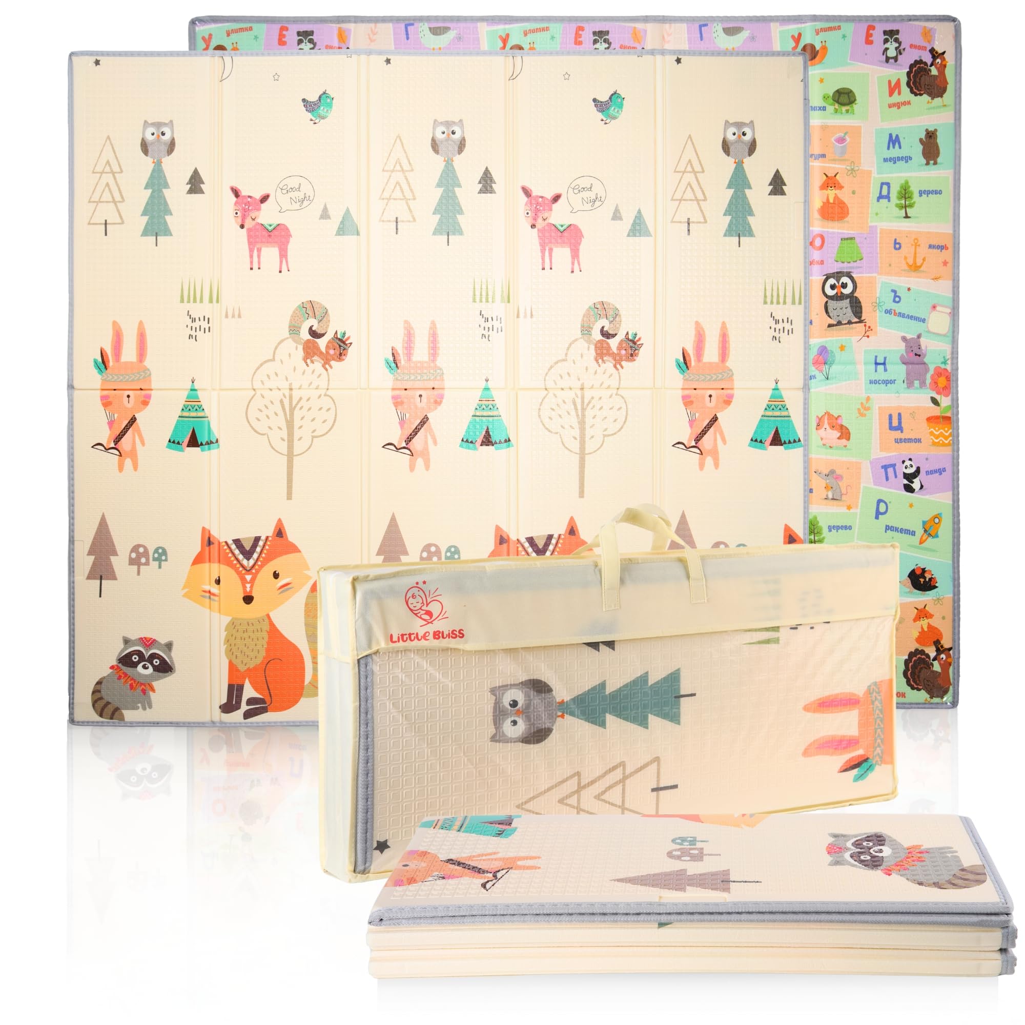LITTLE BLISS, Alfombra Bebe 200x180 cm, 1 cm Grosor, Bordes Reforzados, XPE Acolchada, Reversible y Plegable, Diseño Infantil, Antideslizante, Impermeable, Tapete de Juegos para Niños (FOX EDITION)