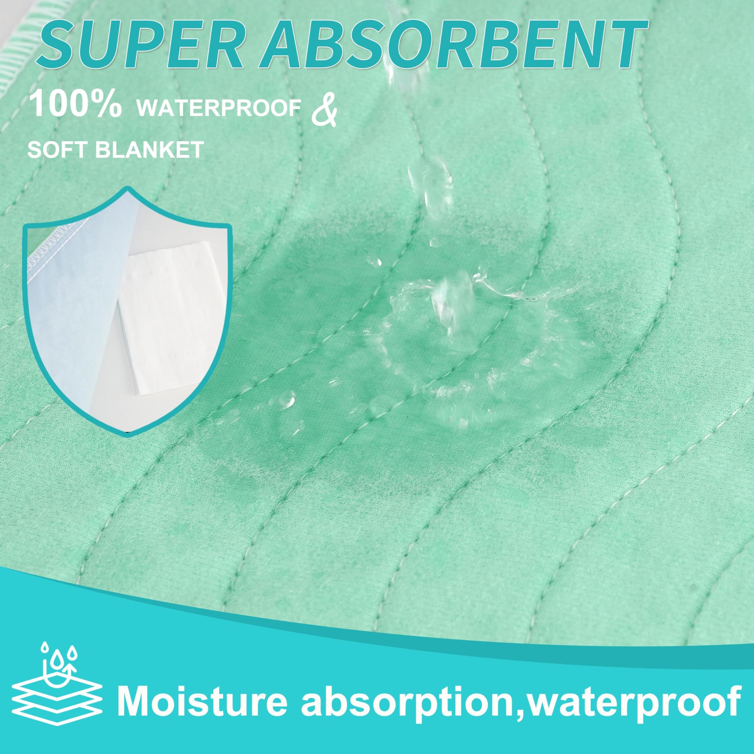 Lot de 4 draps lavables et imperméables pour incontinence, vert, 91 x 97 cm | Tapis de protection réutilisable pour adultes, enfants, personnes âgées, animaux domestiques, etc