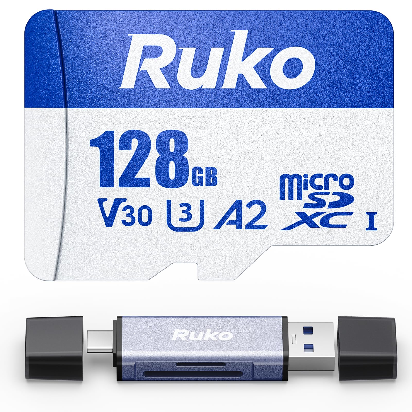Ruko Scheda Micro SD da 128 G con lettore e adattatore, velocità fino a 100 MB/s, UHS-I, C10, A2, U3/V30, 4K UHD, scheda TF a lunga durata per fotocamera, smartphone, drone, console di gioco