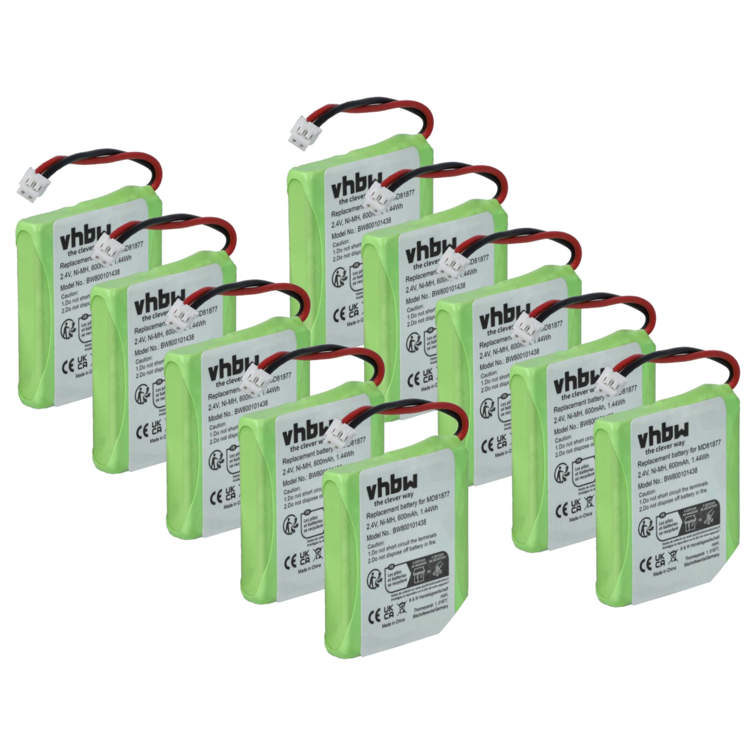 vhbw 10 x bateria kompatybilna z AVM/Fritzphone MT-D bezprzewodowy telefon stacjonarny (600 mAh, 2,4 V, NiMH)