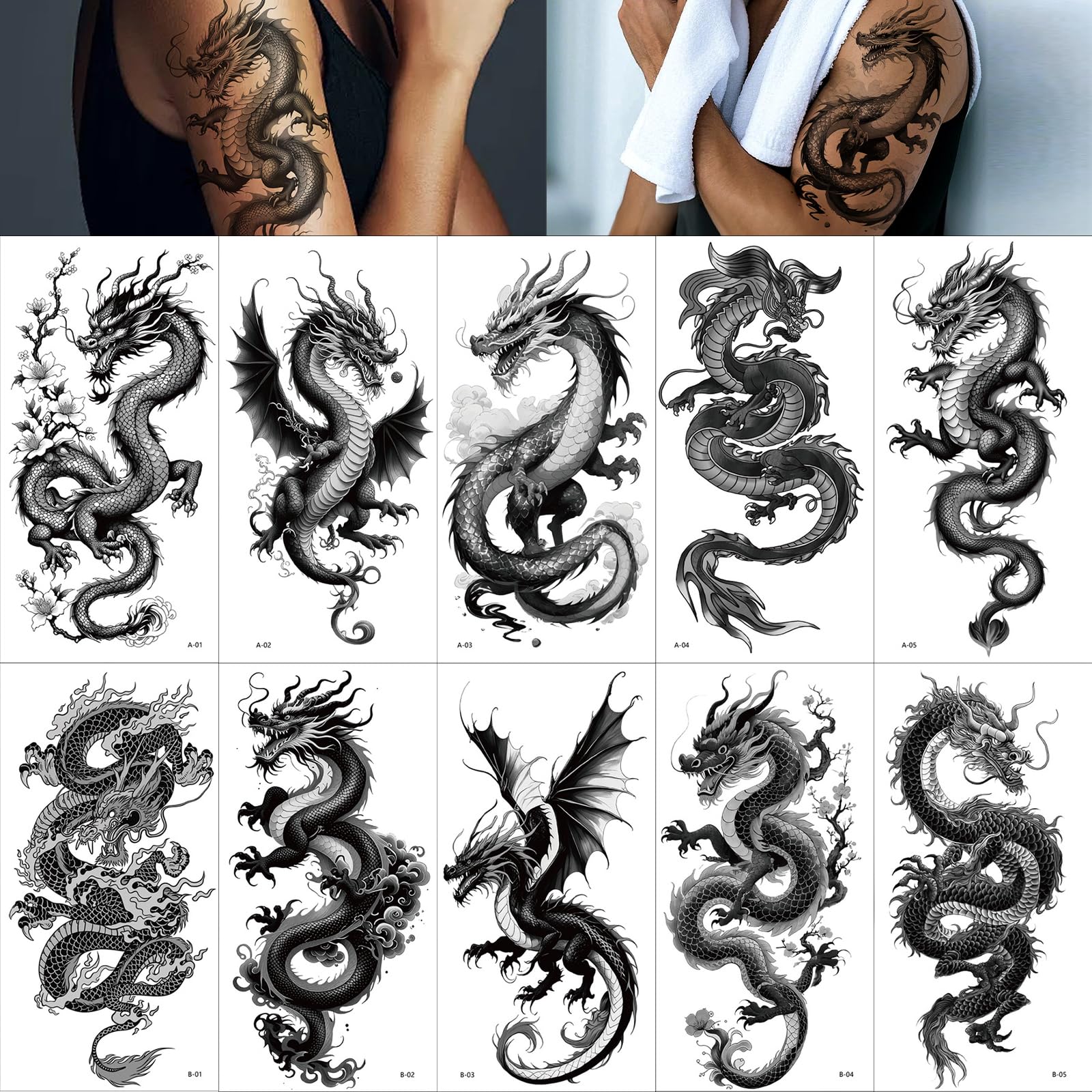 10 Sheet Cool Dragon Temporary Tattoos, Black Realistic Dragon Tattoo Sticker Half Arm Sleeve, Waterproof Tribal Totem Look Real and Long Lasting Fake Tattoo For Men Women Adults Body Art Decor Q1142 Black Dragon-1142