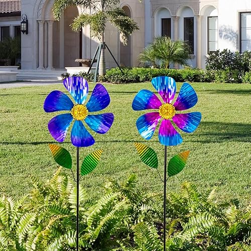 Miniatura 7 de Viveta Molinillo de viento para exteriores, escultura de viento decorativa con estaca resistente, molinetes rosas para patio y jardín Rosado,Azul y