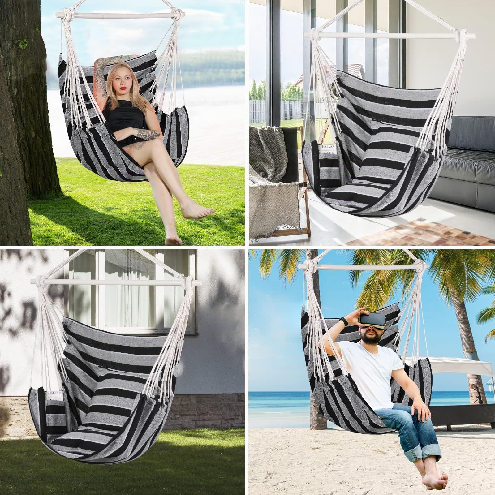 Goutime Silla Columpio Silla de Hamaca Grande de algodón Suave con Dos Cojines Almohada con Bolso Interior/Exterior/Dormitorio/balcón/Hamaca Asiento Jardin,Soporta hasta 330 LB (Negro grisáceo)