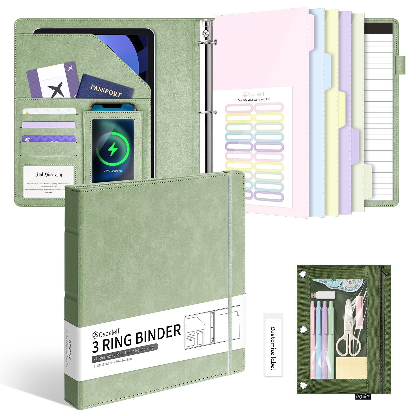 Ospelelf Raccoglitore a 3 anelli in pelle per documenti formato lettera con divisori tascabili in PVC, anelli rotondi da 2,5 cm, contiene 175 fogli, raccoglitori con borsa portaoggetti e blocco note