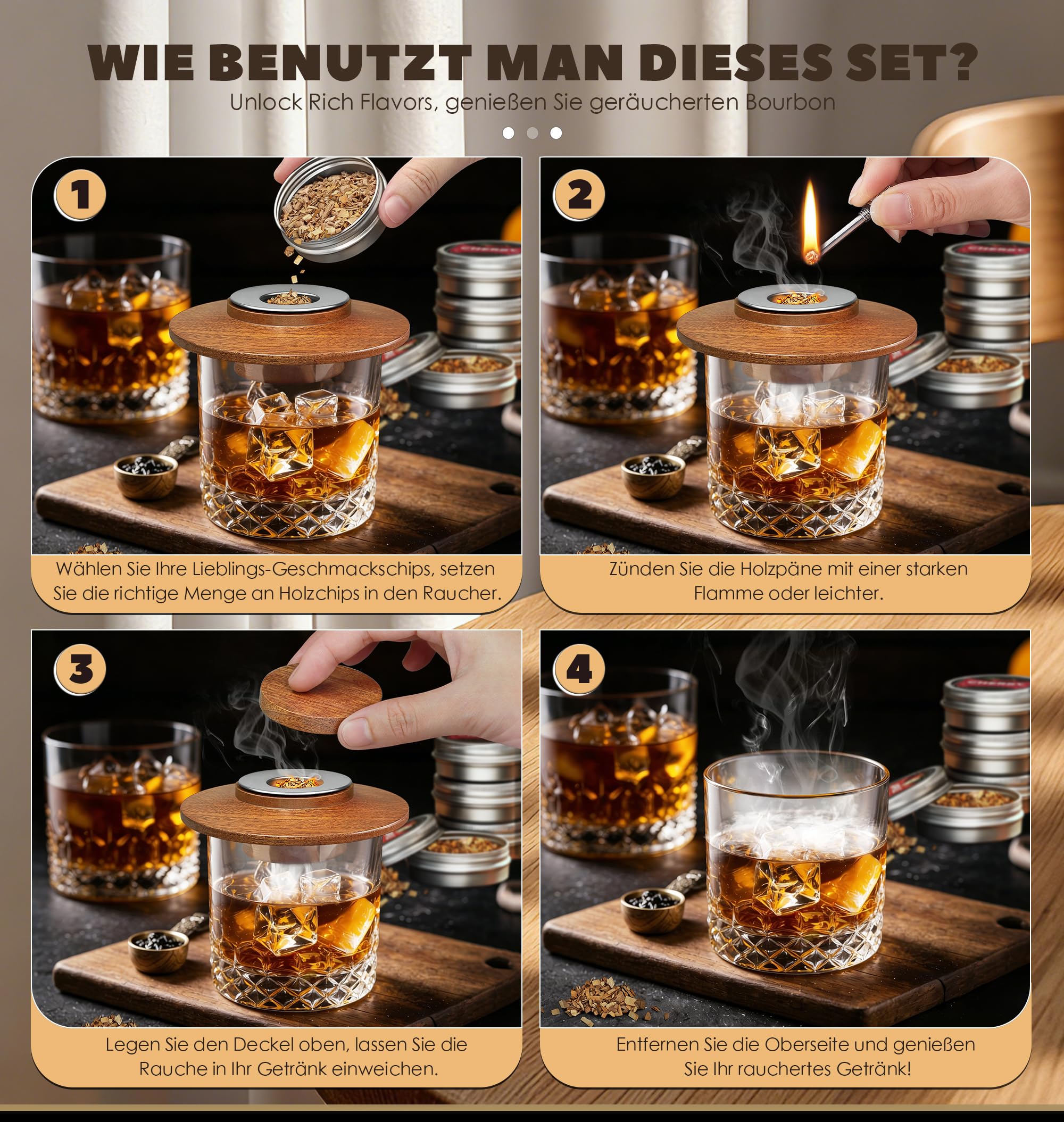 Whisky Räucher Set mit 2 Edelstahlfiltern & 4 Geschmack Holzspäne, hochwertiges Sapele Räucher-Set für Cocktails, Partys, Geschenk für Männer