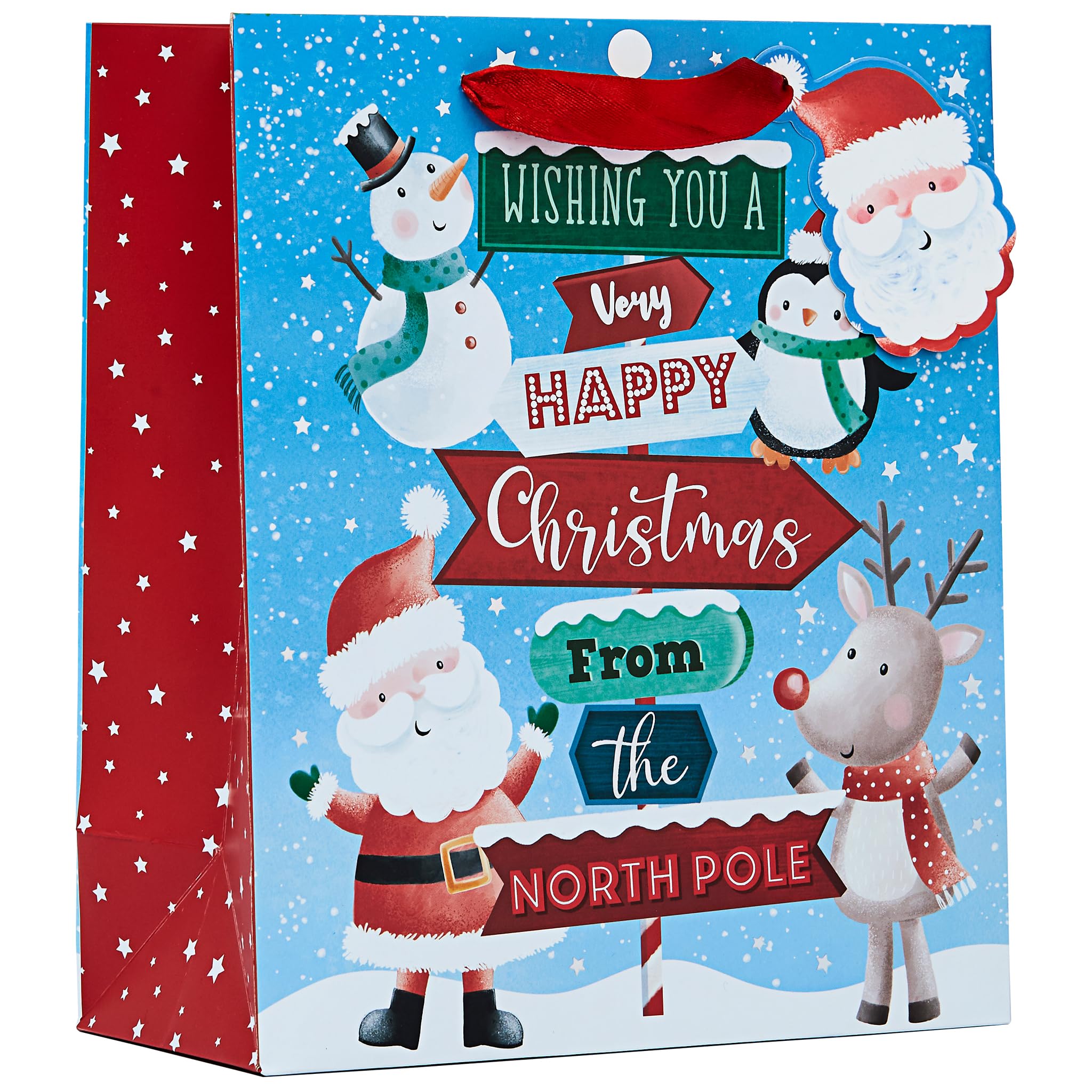 Partisan Products Christmas North Pole Sign Happy Gift Bag with Santa Gift Tag and Red Handle Xmas Gift Wrap Santa Rudolph Penguin Reindeer Medium