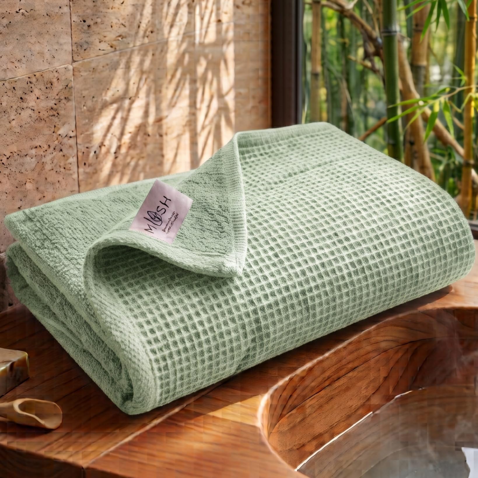 Mush Bamboo Dual Texture Waffle Terry Bath Towel | 500 GSM Ultra Soft, Highly Absorbent, Quick Dry Towels | Large Towels for Bath, Gym, Spa | Olive Green (70x140 cm)-image-21
