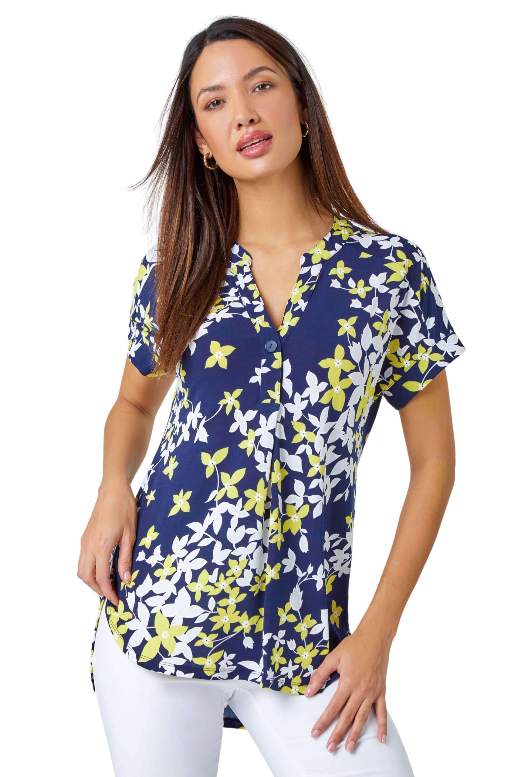 Roman Originals Women's Yellow & Navy Short Sleeve Shirt For Uk - Tunic Top Summer Blouse Casual Smat T-Shirt Spring Work Cocktail Party Going Out Special Occassion Holiday V-Neck - Size 18