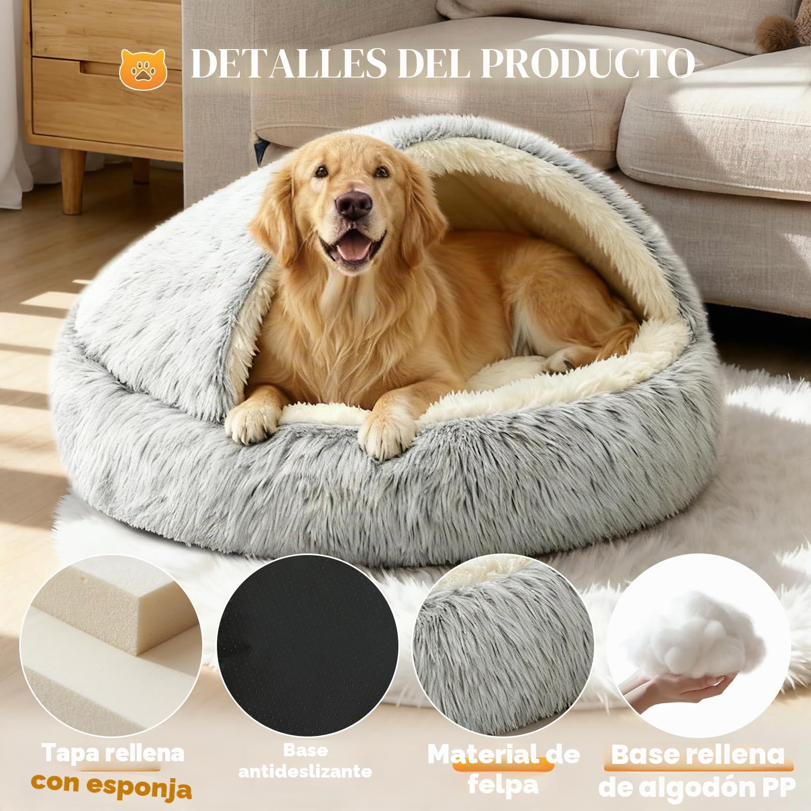 YAGE Cama Grande para Perros de 80 cm, con Capucha y Soportes: mullida y Relajante para Mascotas, Apta para Mascotas de Menos de 20 kg, Cama Tipo Cueva de Lujo Supersuave, Lavable