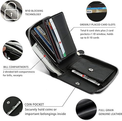 Miniatura 3 de Carteras delgadas con cremallera para hombres RFID de cuero para hombre, tarjetero plegable con cremallera alrededor de la cartera con bolsillo para