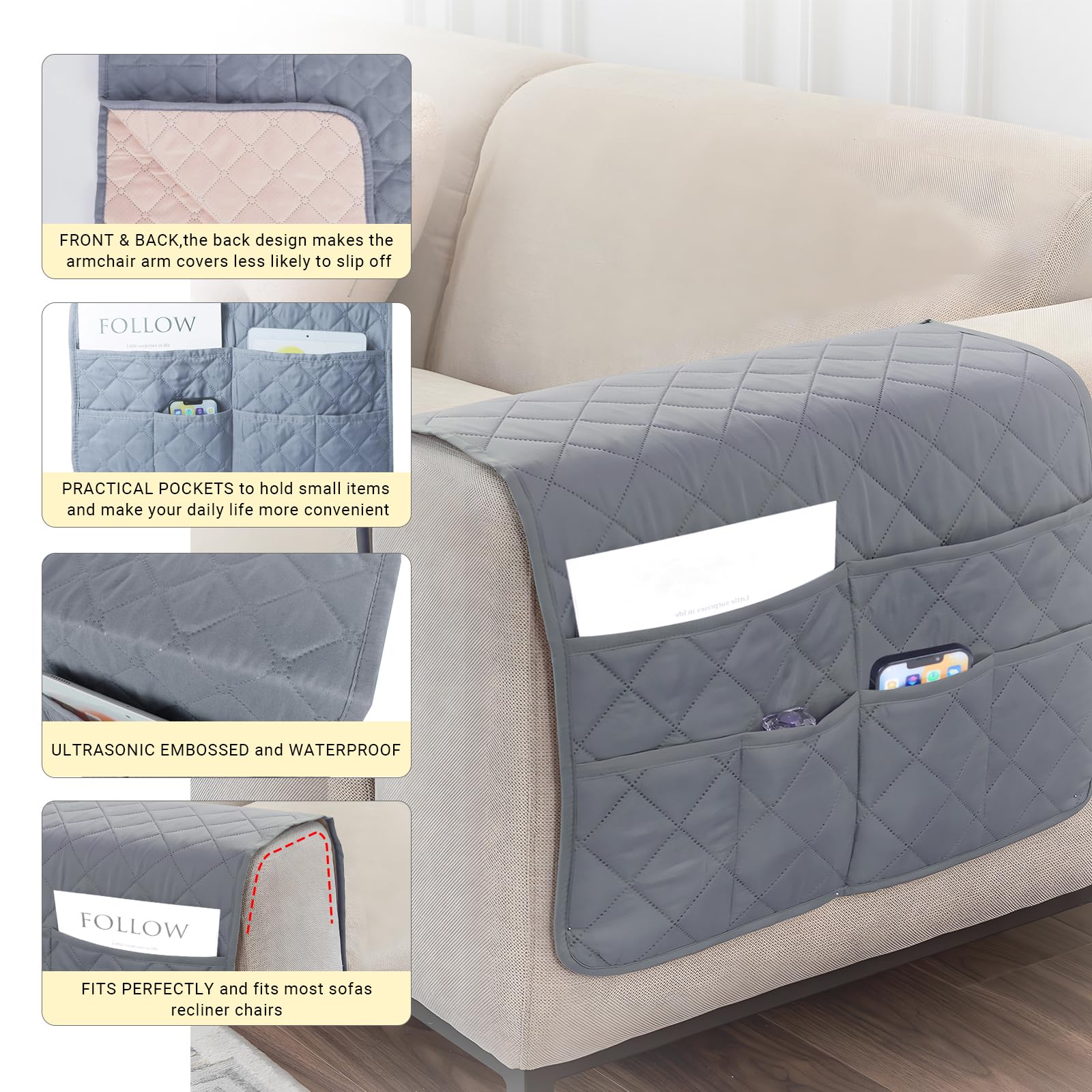 NiCoLa Armrest Covers for Sofa Grey Chair Arm Covers, Washable Armchair Arm Covers with 6 Pockets for Sofas Recliner Chair, Armchairs - Image 3