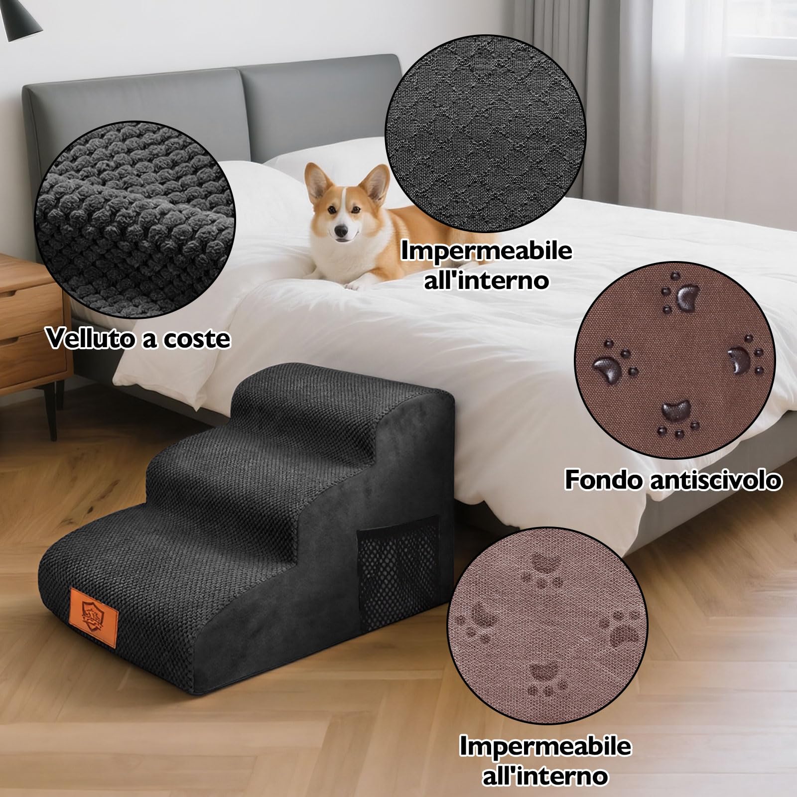 MASTERTOP Scale per Cani a 3 Gradini in Spugna, Scala Antiscivolo per Animali Domestici, Scaletta Spugna Ccuccioli per Divano Letto con Fodera Rimovibile e Lavabile (Nero)