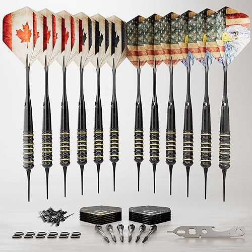Miniatura 2 de Juego de 12 puntas blandas de dardos, color dorado y negro, punta de plástico, 0.65 onzas con 24 vuelos y 18 ejes + puntas extra suaves, herramienta